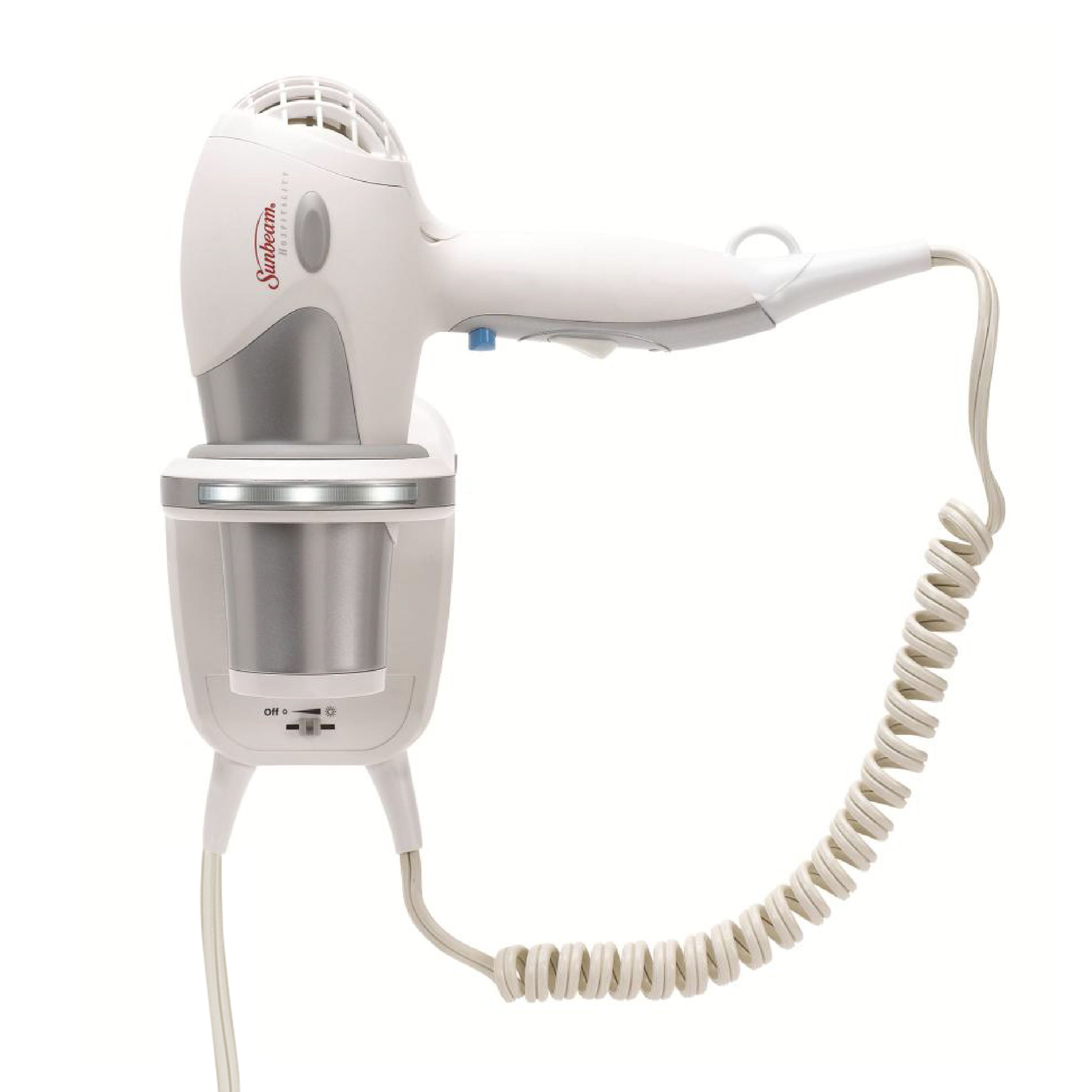 Sunbeam Full-Size Hospitality Wall-Mount Hair Dryer with GreenSense Dual Wattage and LED Nightlight, White/Silver