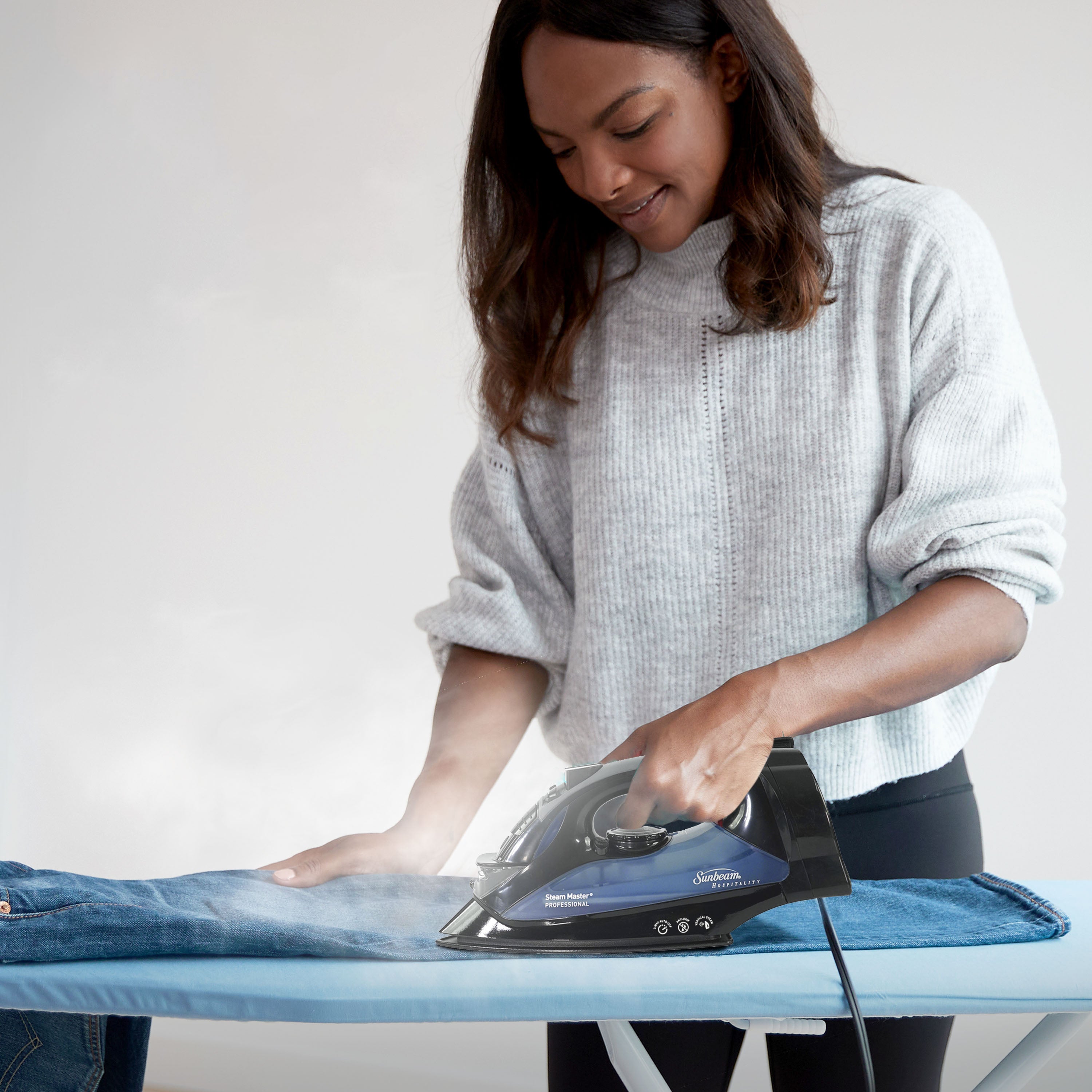 Sunbeam Steam Master Retractable Hospitality Steam Iron with ClearView LED Light and GreenSense Technology Available in White/Blue and Black/Blue