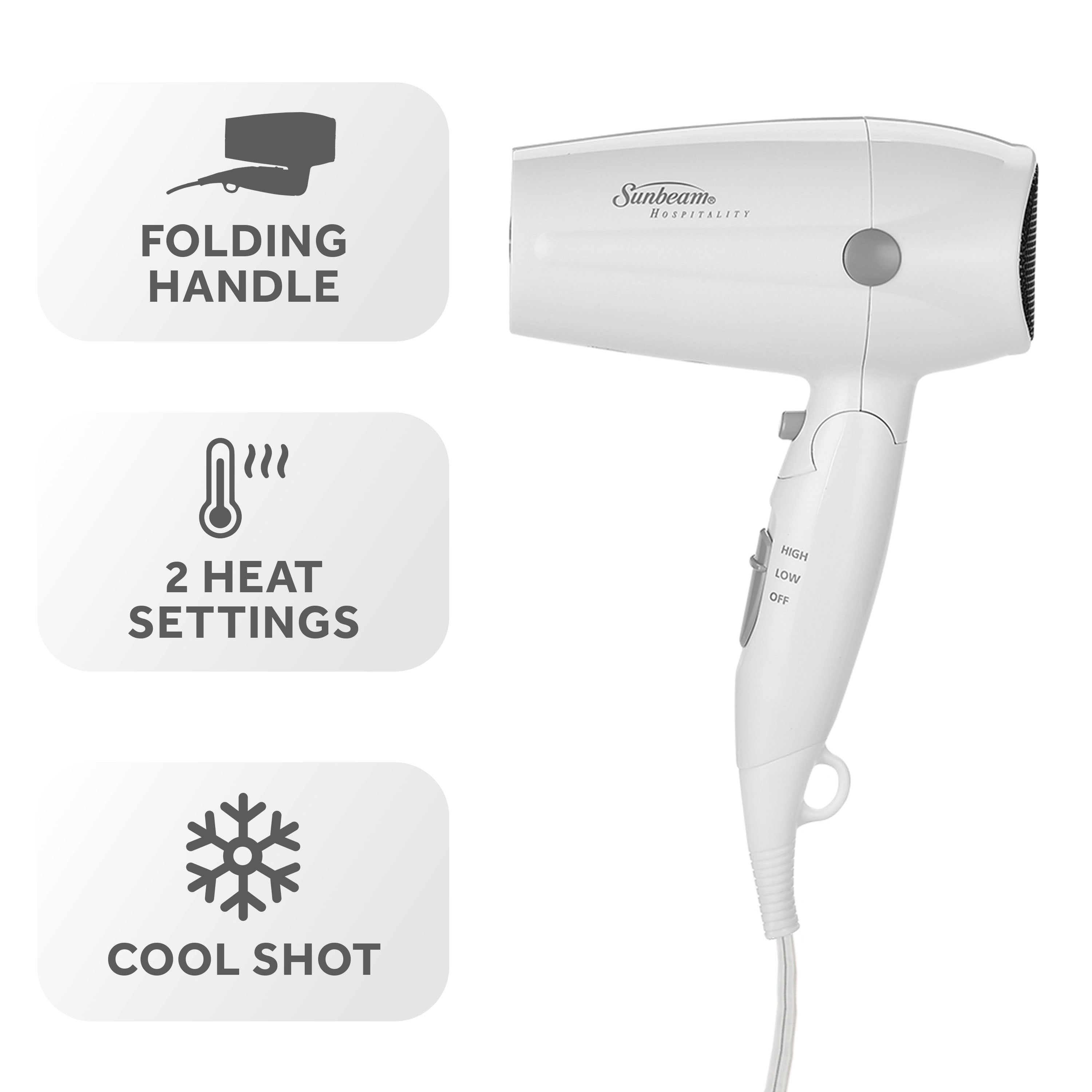 Sunbeam Mid-Sized Folding Hospitality Hair Dryer Available in White and Black
