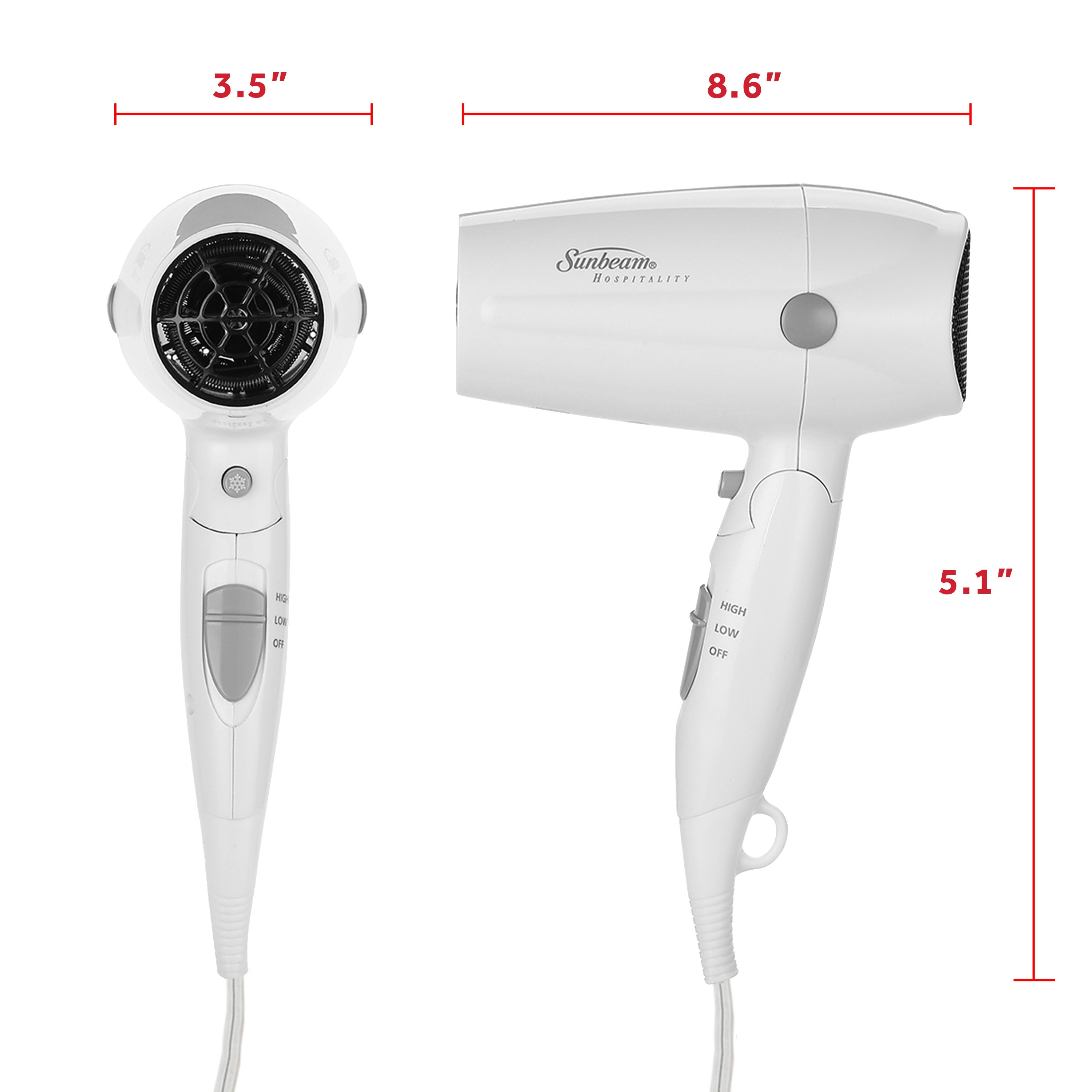 Sunbeam Mid-Sized Folding Hospitality Hair Dryer Available in White and Black