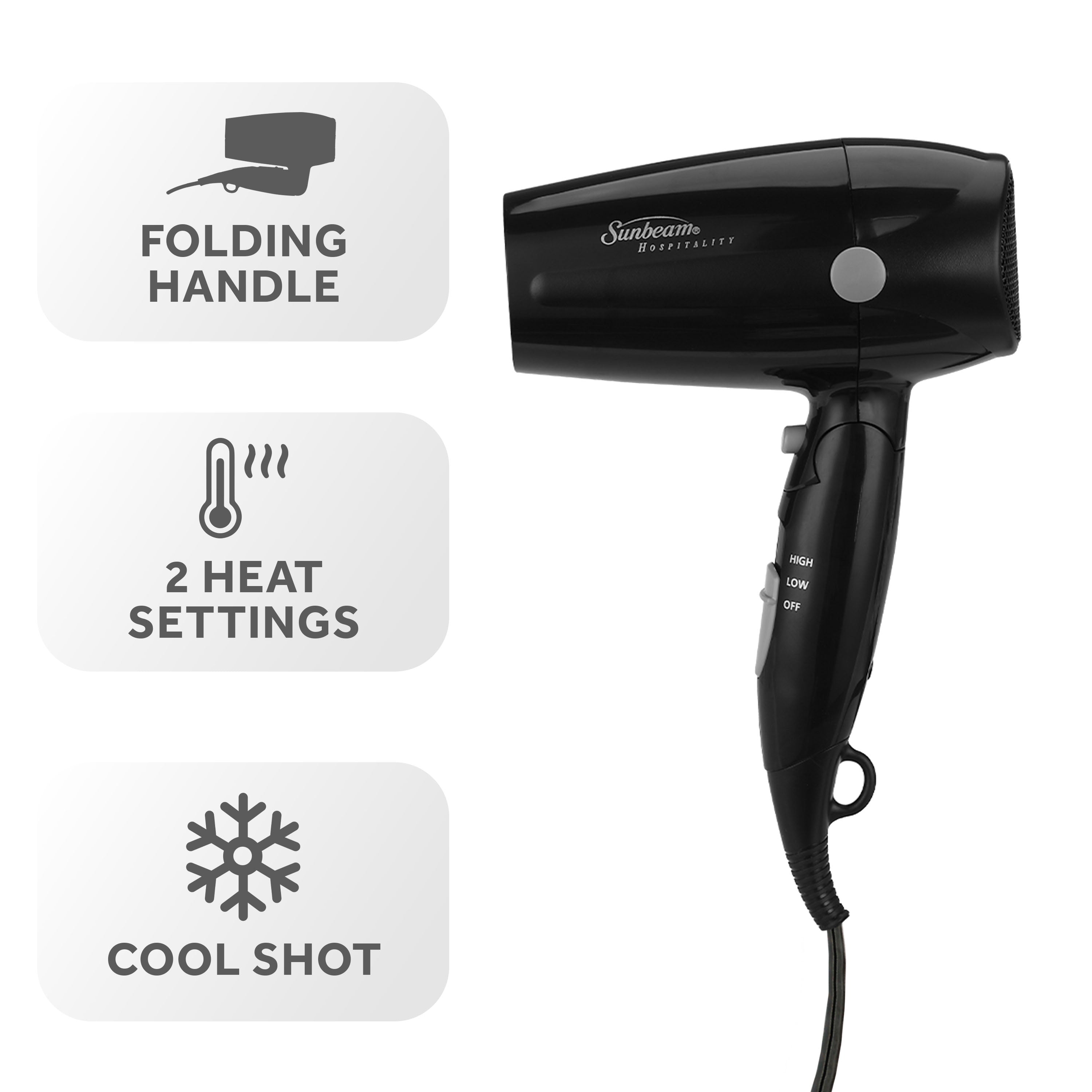 Sunbeam Mid-Sized Folding Hospitality Hair Dryer with Folding Handle and Cool Shot Button, Available in White and Black
