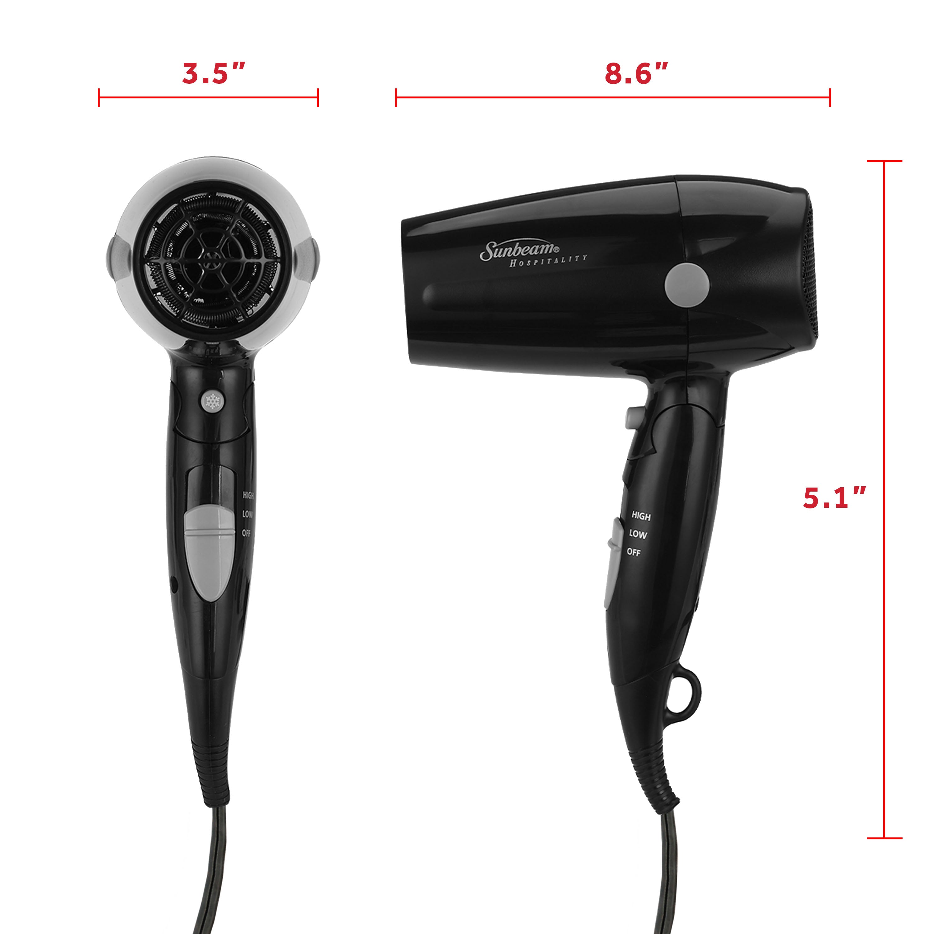 Sunbeam Mid-Sized Folding Hospitality Hair Dryer with Folding Handle and Cool Shot Button, Available in White and Black