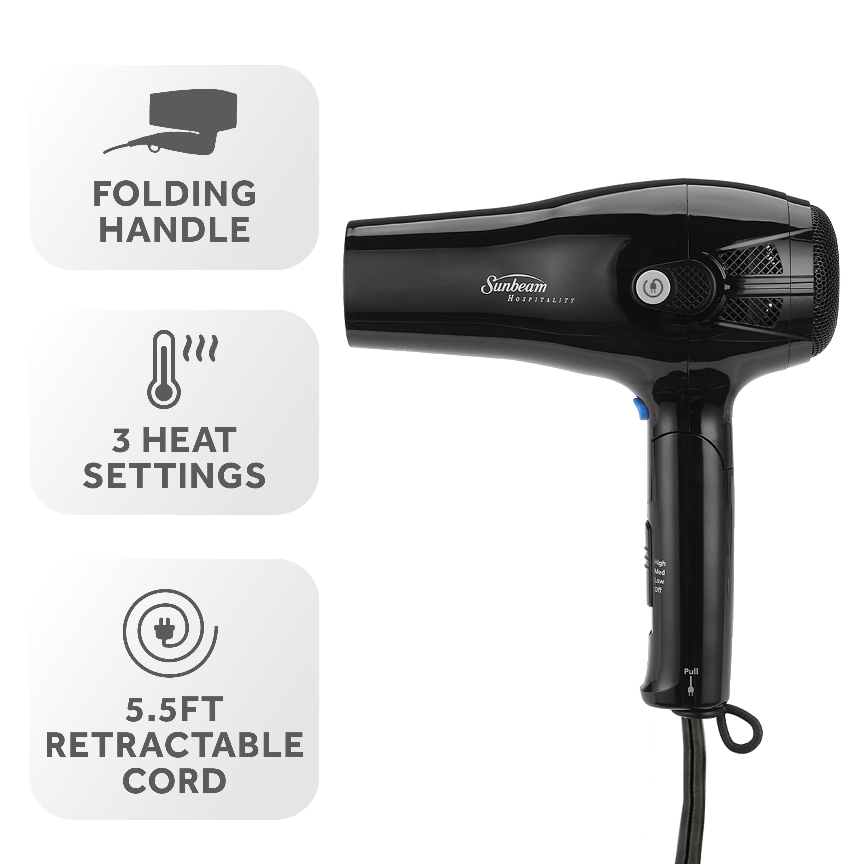 Sunbeam Mid-Sized Folding Hospitality Hair Dryer with Folding Handle and Cool Shot Button, Available in White and Black