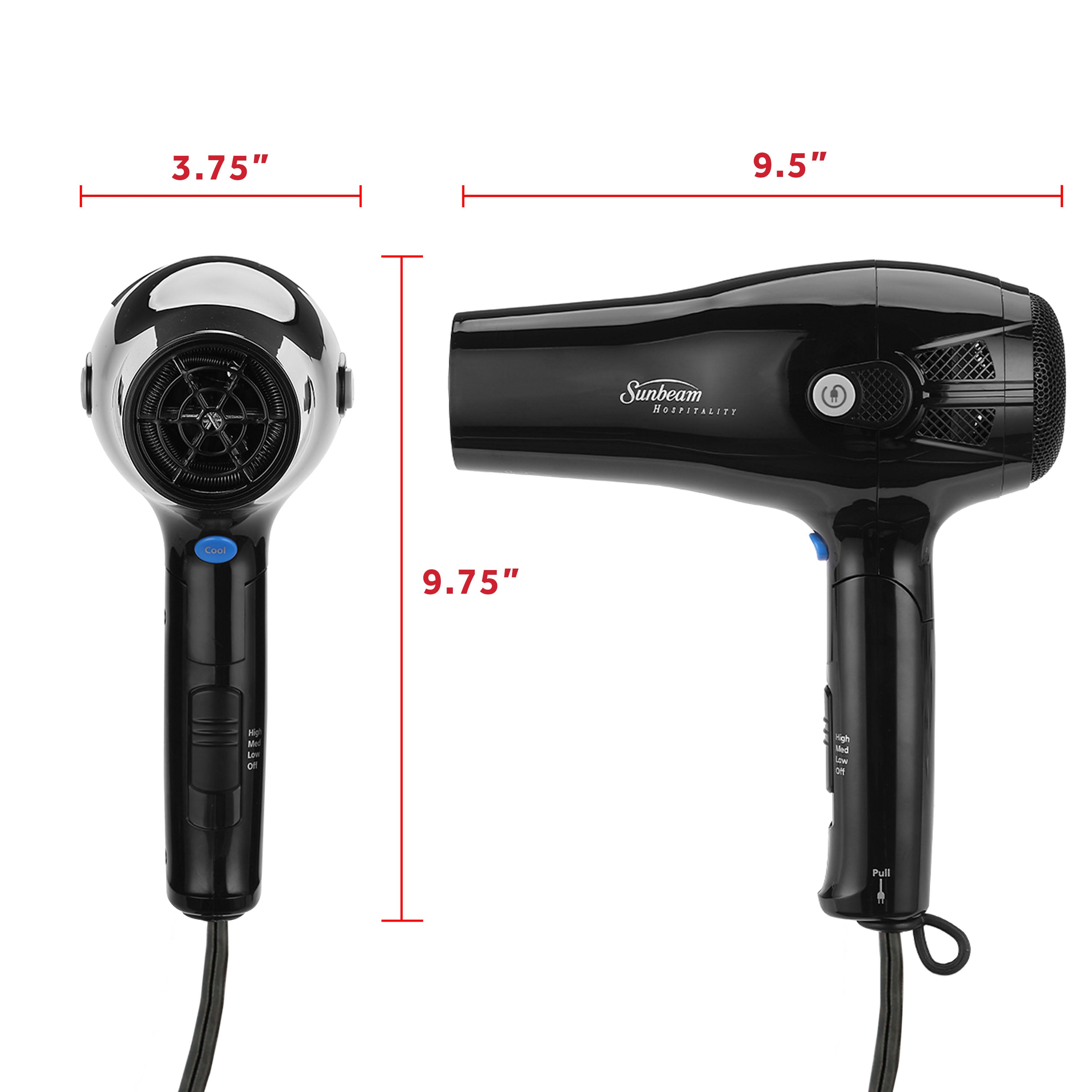 Sunbeam Mid-Sized Folding Hospitality Hair Dryer with Folding Handle and Cool Shot Button, Available in White and Black
