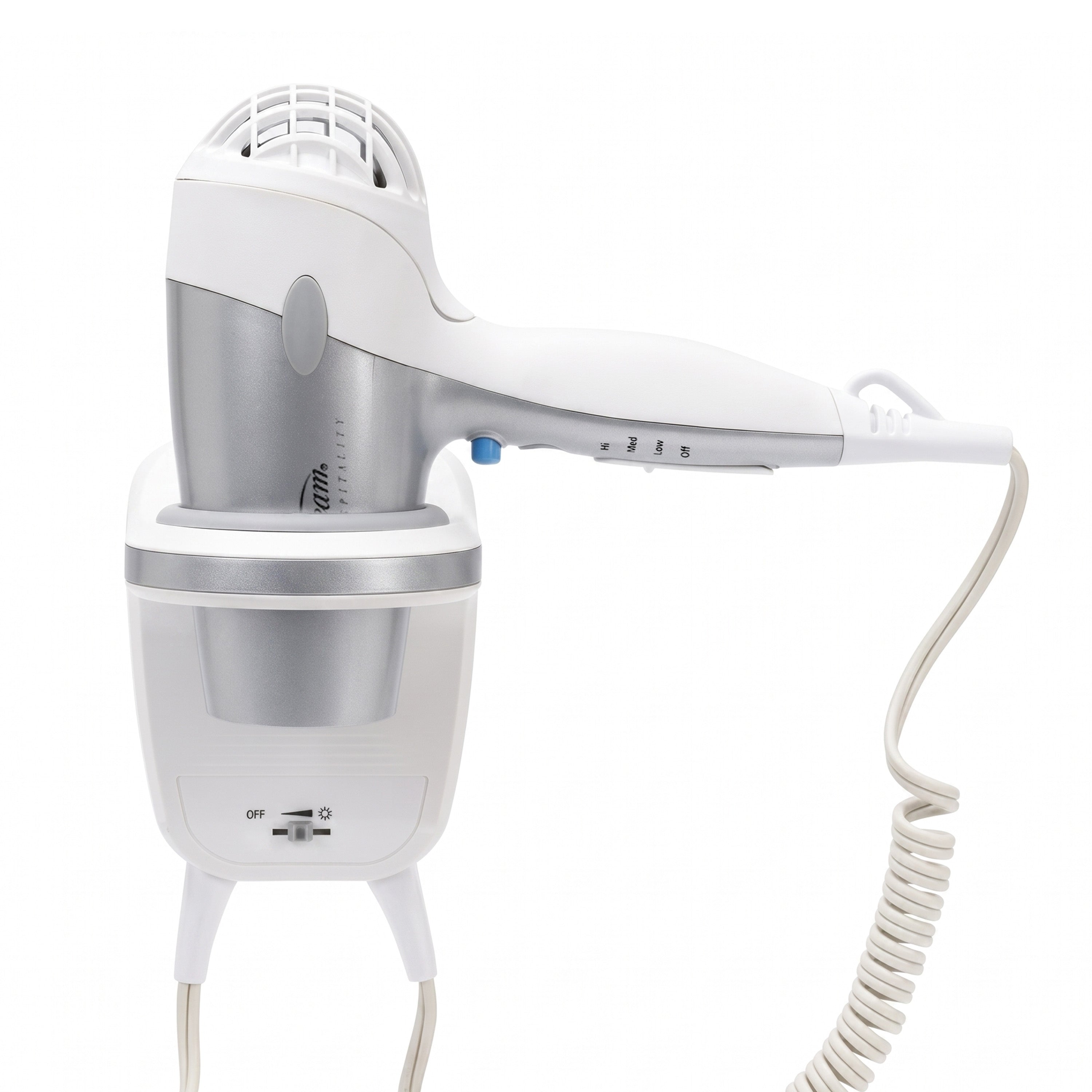 Sunbeam Wall-Mount Hospitality Hair Dryer with GreenSense Dual Wattage and LED Nightlight Available in Silver/White and Silver/Black