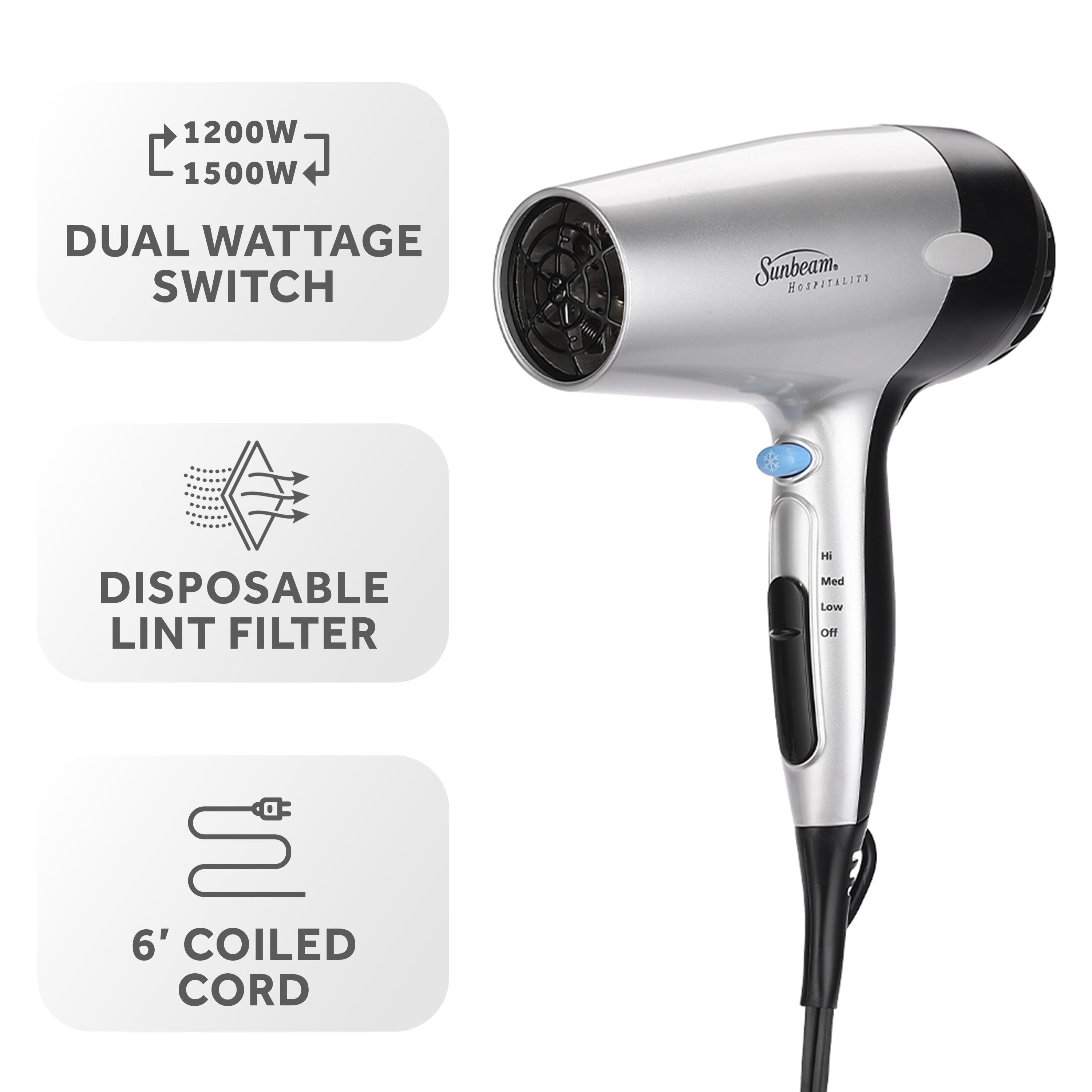 Sunbeam Wall-Mount Hospitality Hair Dryer with GreenSense Dual Wattage and LED Nightlight Available in Silver/White and Silver/Black