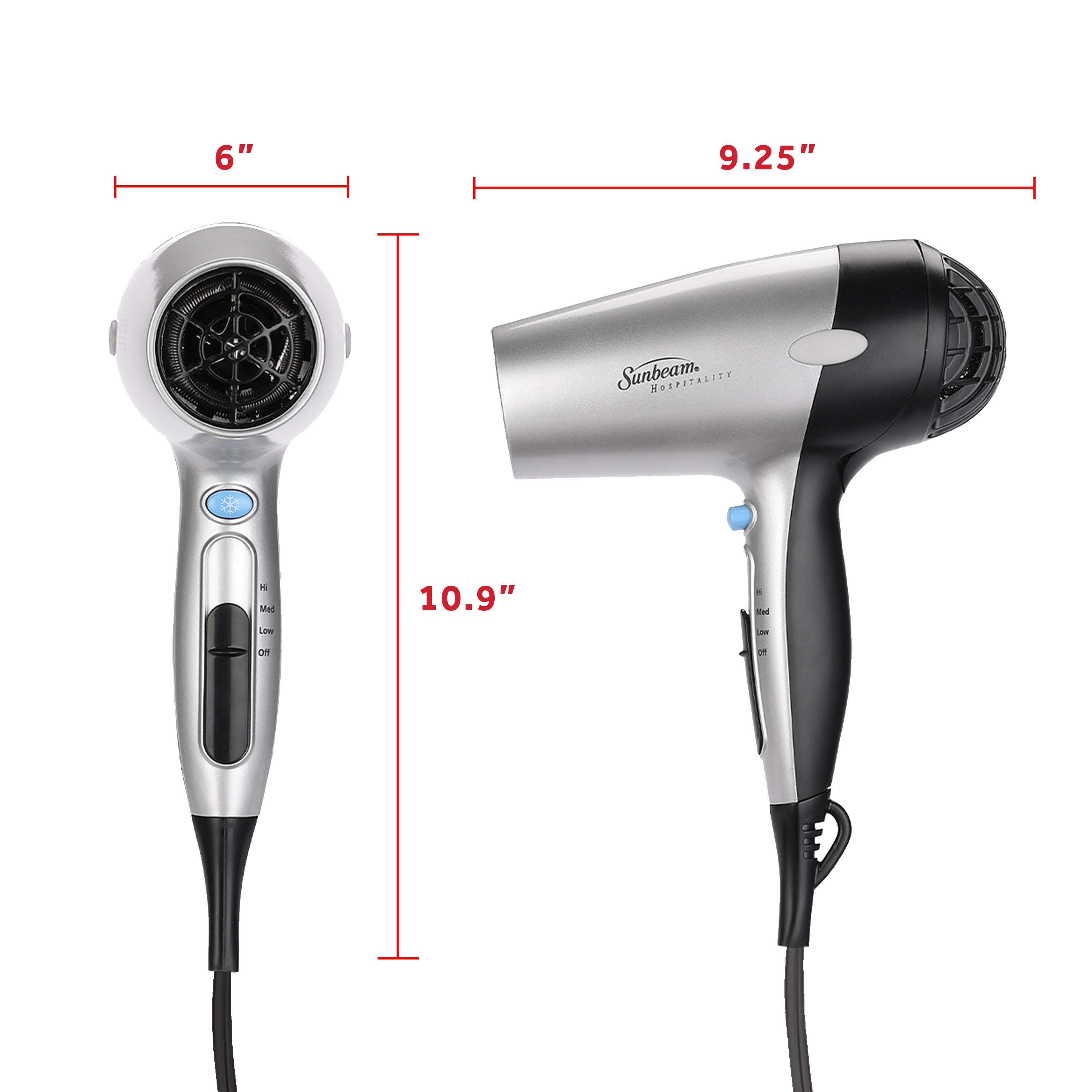 Sunbeam Wall-Mount Hospitality Hair Dryer with GreenSense Dual Wattage and LED Nightlight Available in Silver/White and Silver/Black