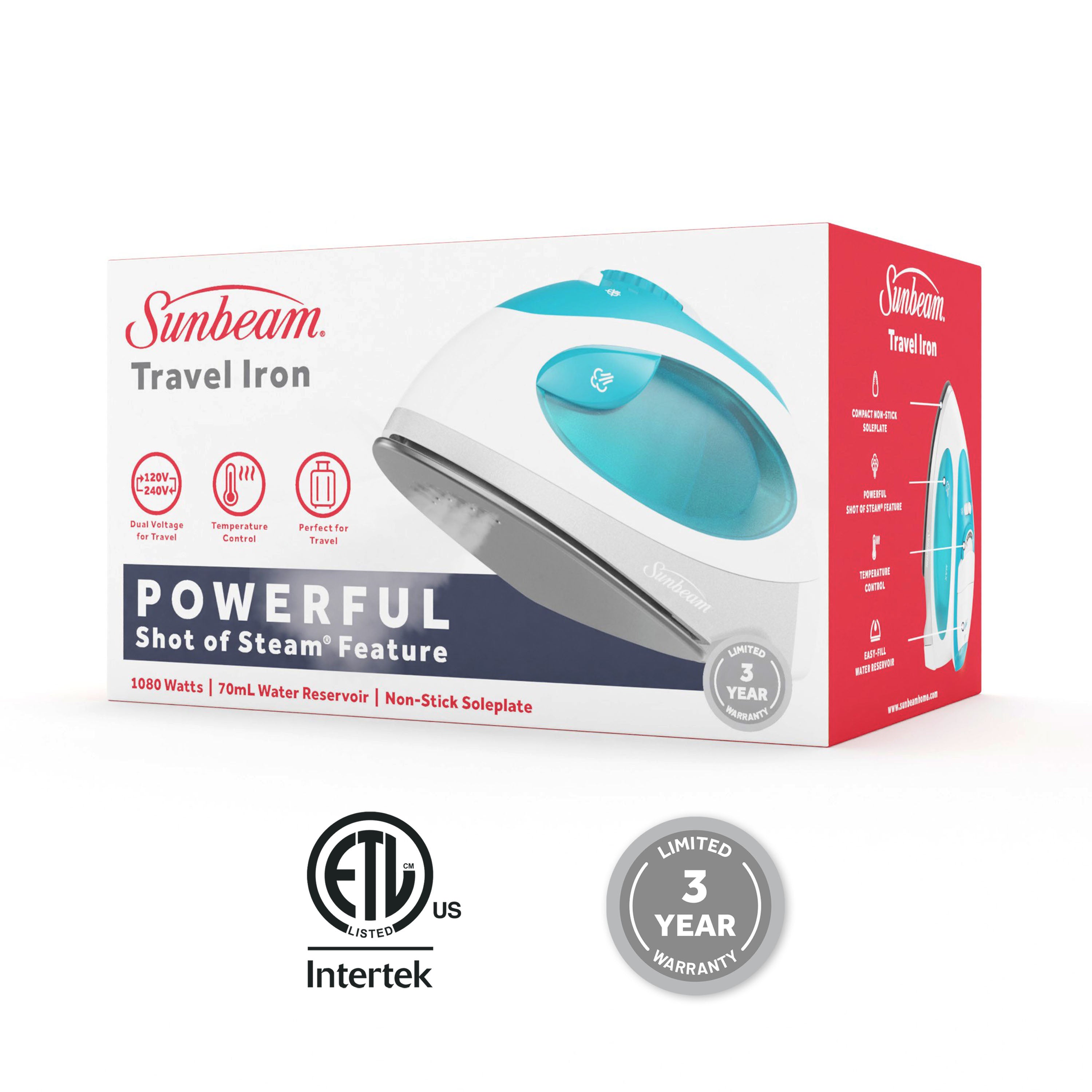 Sunbeam 1080W Travel Steam Iron, White/Teal