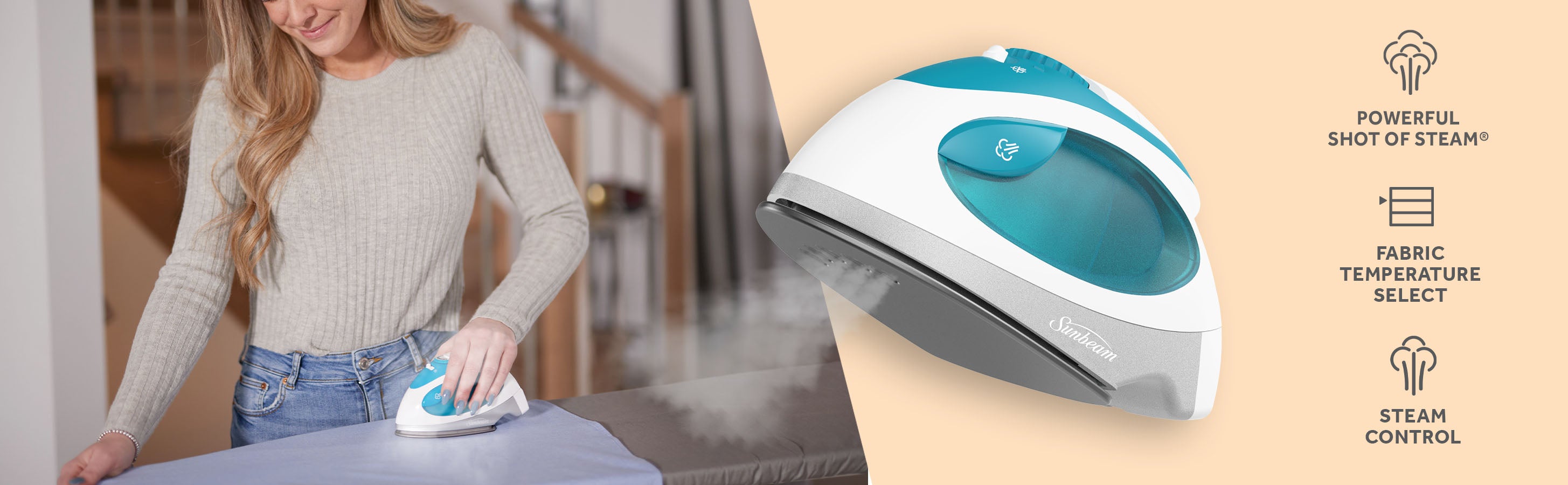 Sunbeam 1080W Travel Steam Iron, White/Teal