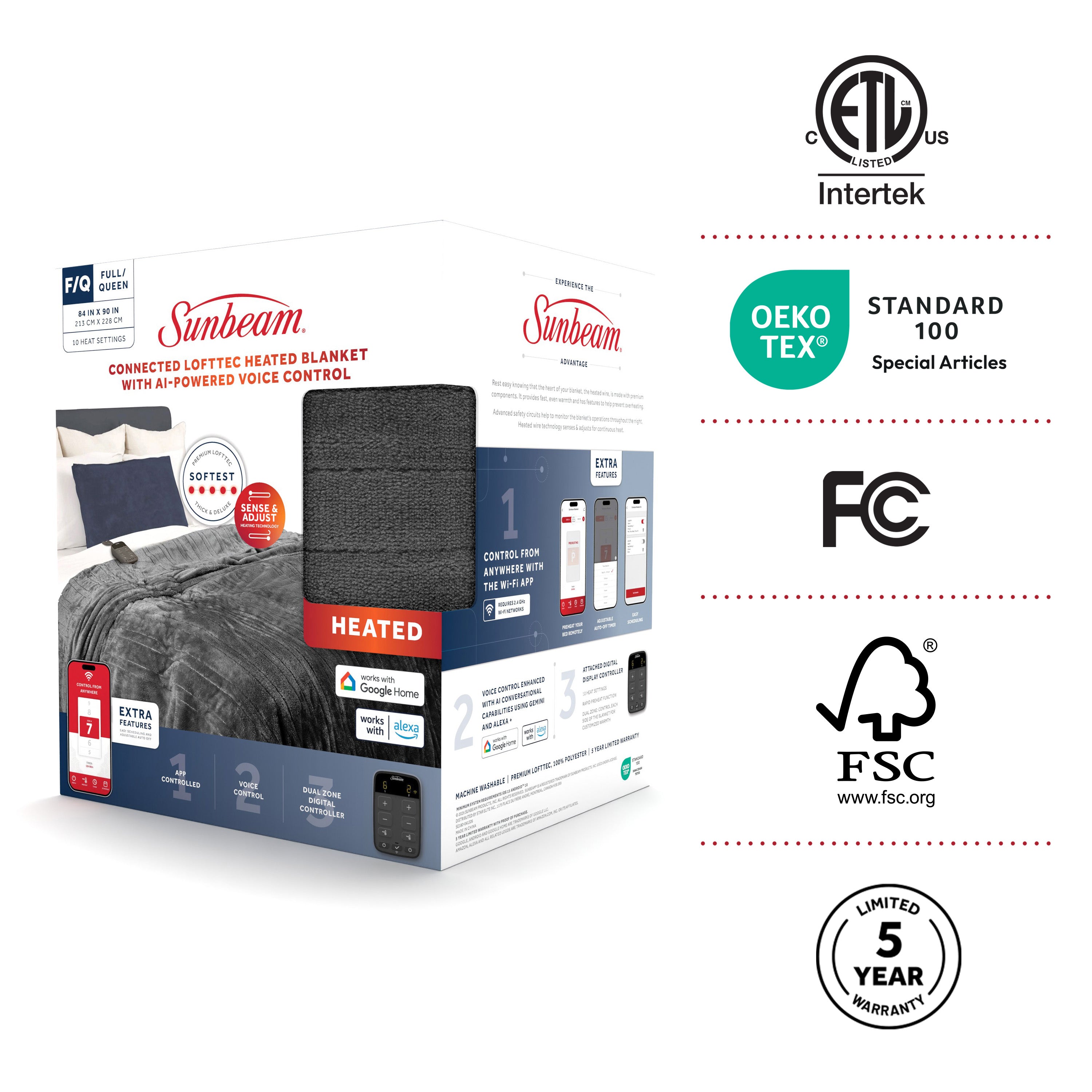 Sunbeam Connected Heated Blanket Loftec AI Voice Control Queen 90x84