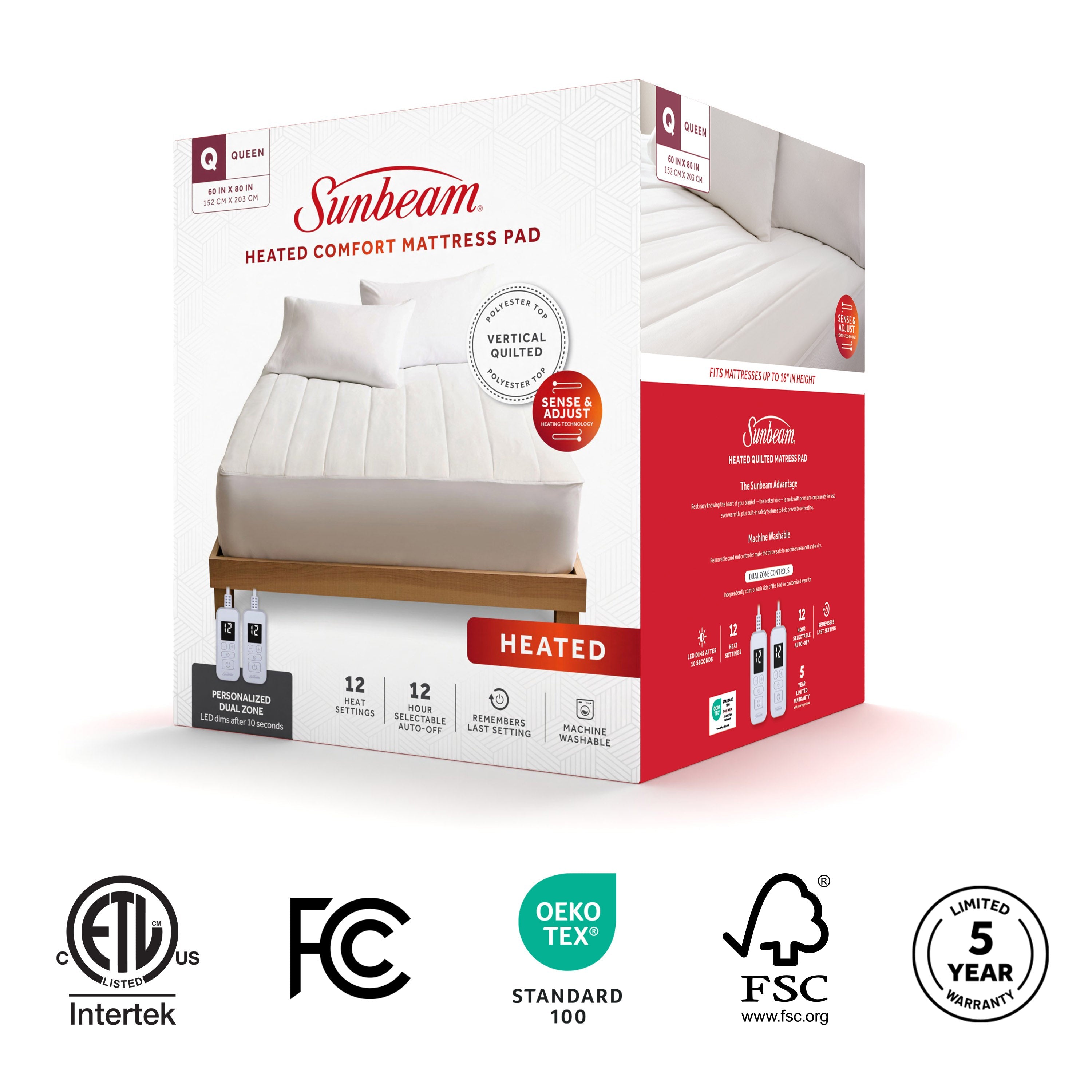 Sunbeam Heated Mattress Pad Dual Control Comfort 12 Heat