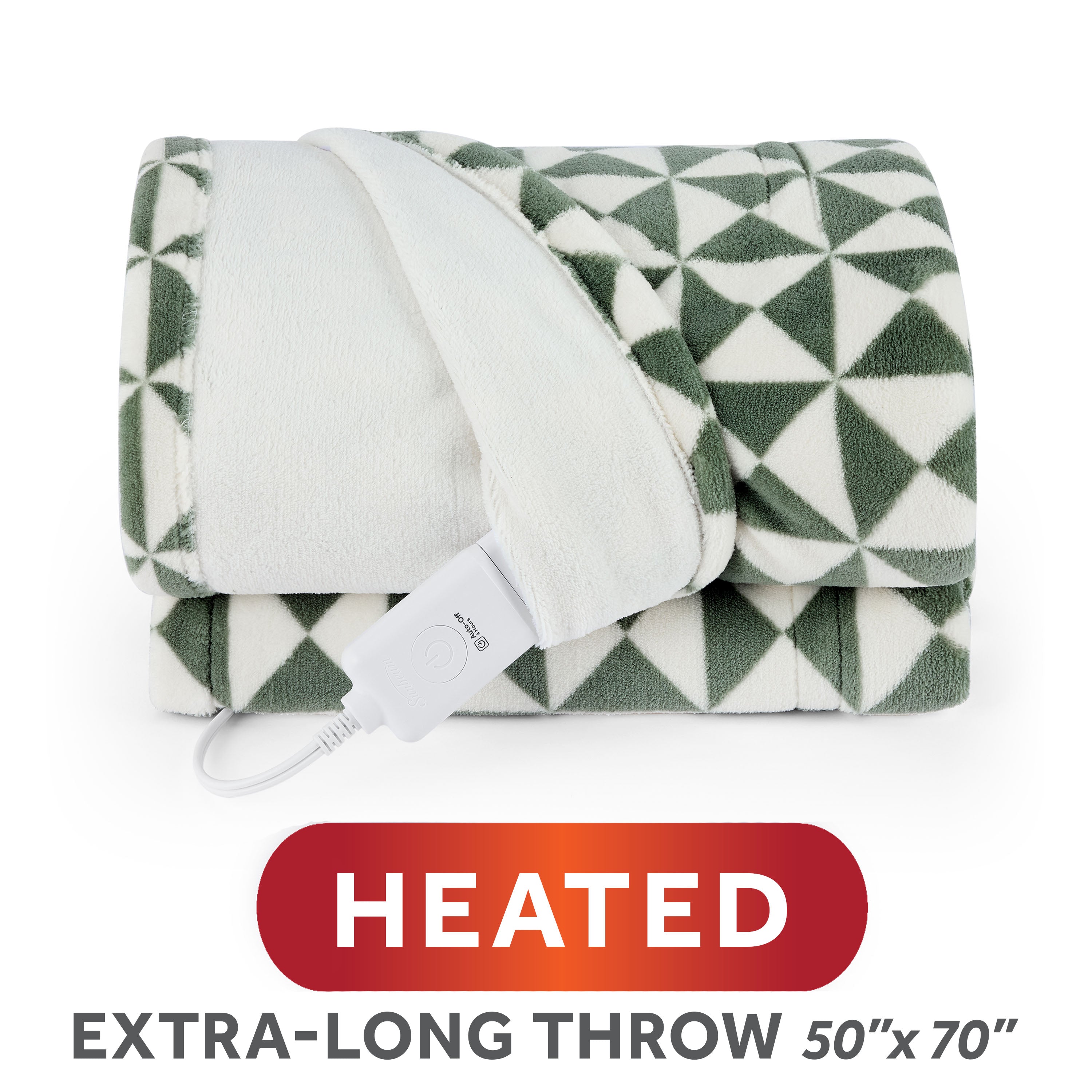 Sunbeam Heated Sage Green Triangle Throw Blanket Microplush 4 Heat Settings 50x70