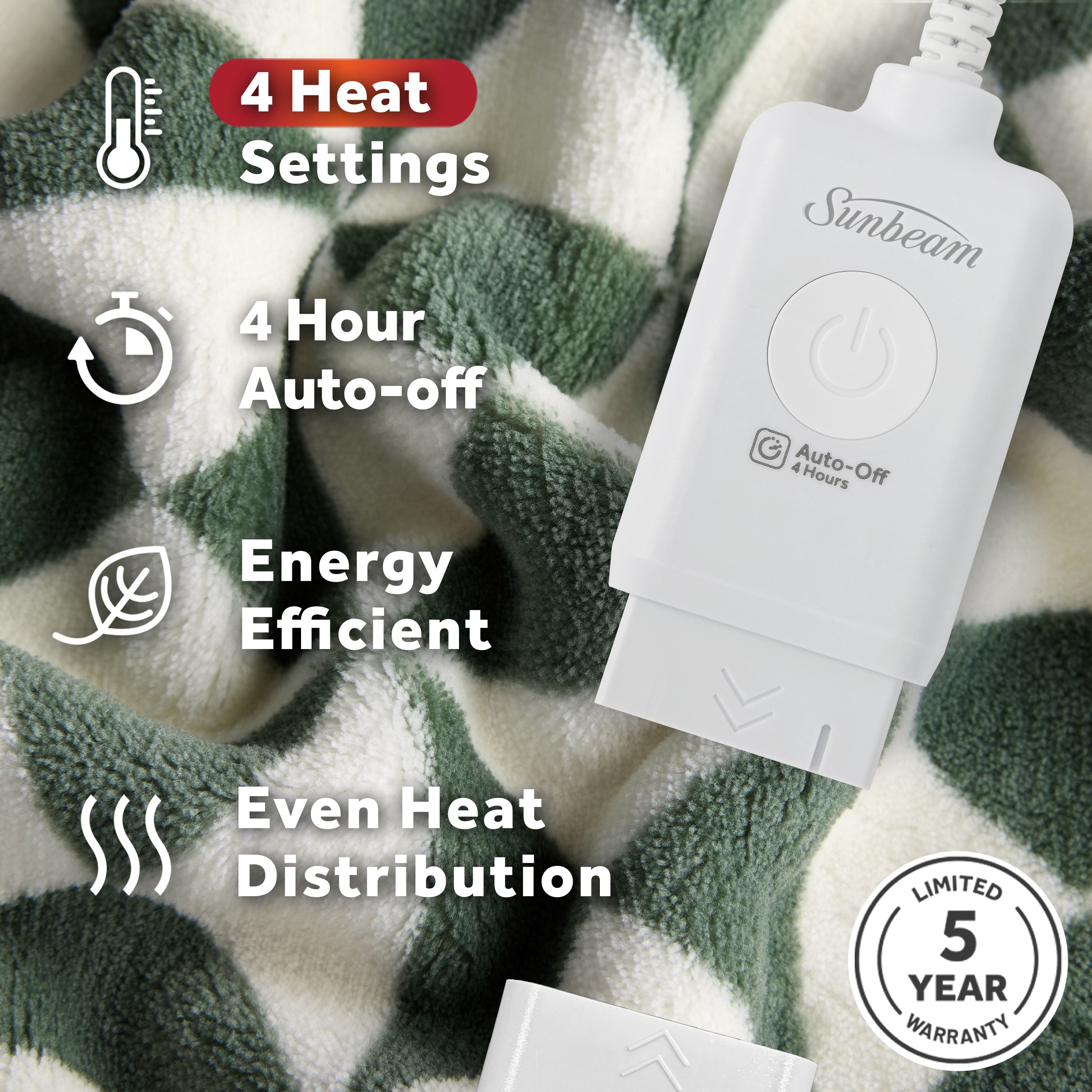 Sunbeam Heated Sage Green Triangle Throw Blanket Microplush 4 Heat Settings 50x70