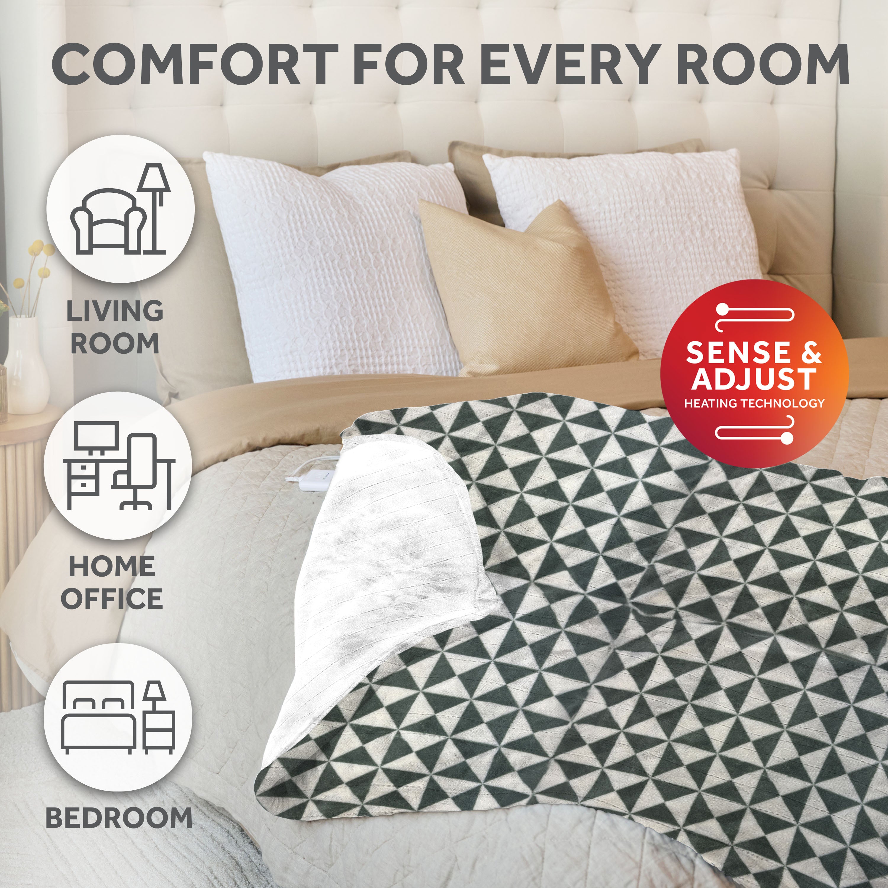 Sunbeam Heated Sage Green Triangle Throw Blanket Microplush 4 Heat Settings 50x70