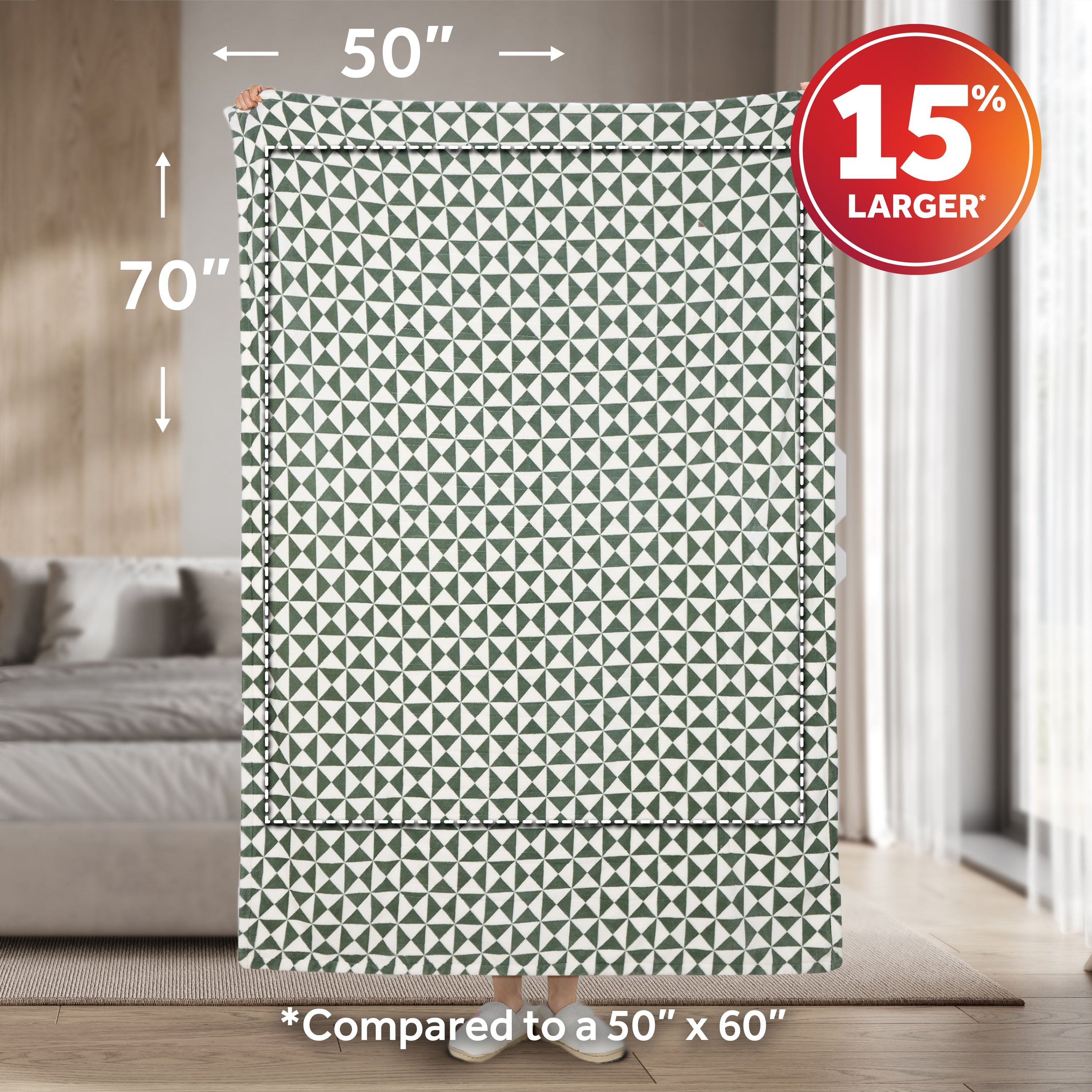 Sunbeam Heated Sage Green Triangle Throw Blanket Microplush 4 Heat Settings 50x70