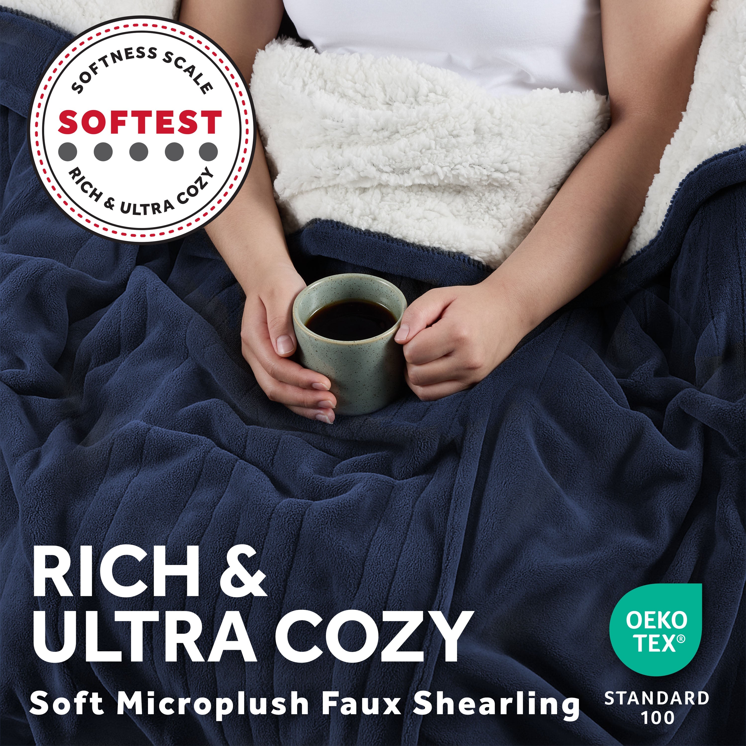 Sunbeam Heated Navy Blue Throw Blanket Microplush Faux Shearling 4 Heat Settings 50x70