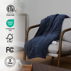 Sunbeam Heated Navy Blue Throw Blanket Microplush Faux Shearling 4 Heat Settings 50x70