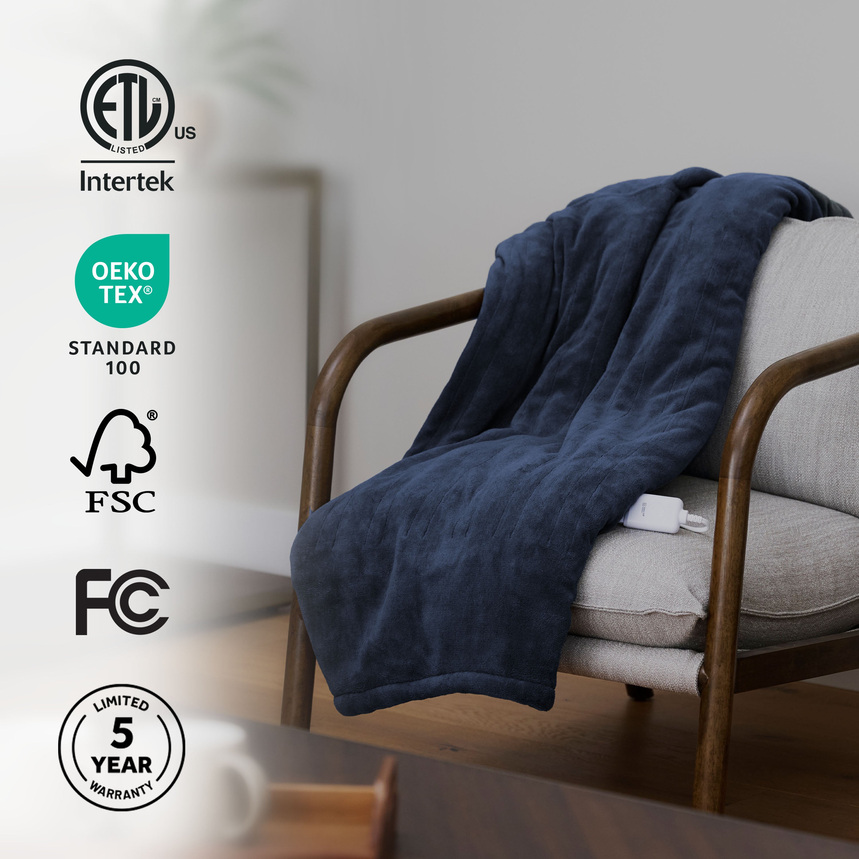 Sunbeam Heated Navy Blue Throw Blanket Microplush Faux Shearling 4 Heat Settings 50x70