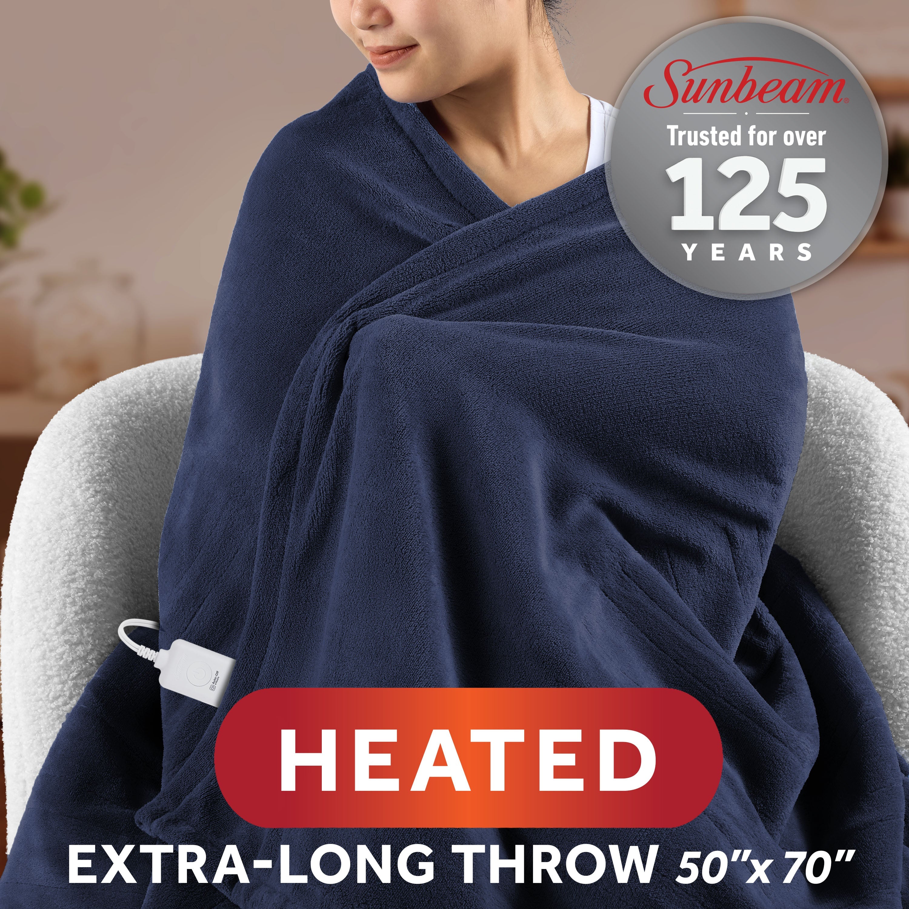 Sunbeam Heated Navy Blue Throw Blanket Microplush Faux Shearling 4 Heat Settings 50x70