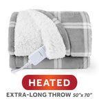 Sunbeam Heated Tartan Gray Throw Blanket Microplush Faux Shearling 4 Heat 50x70