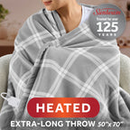 Sunbeam Heated Tartan Gray Throw Blanket Microplush Faux Shearling 4 Heat 50x70