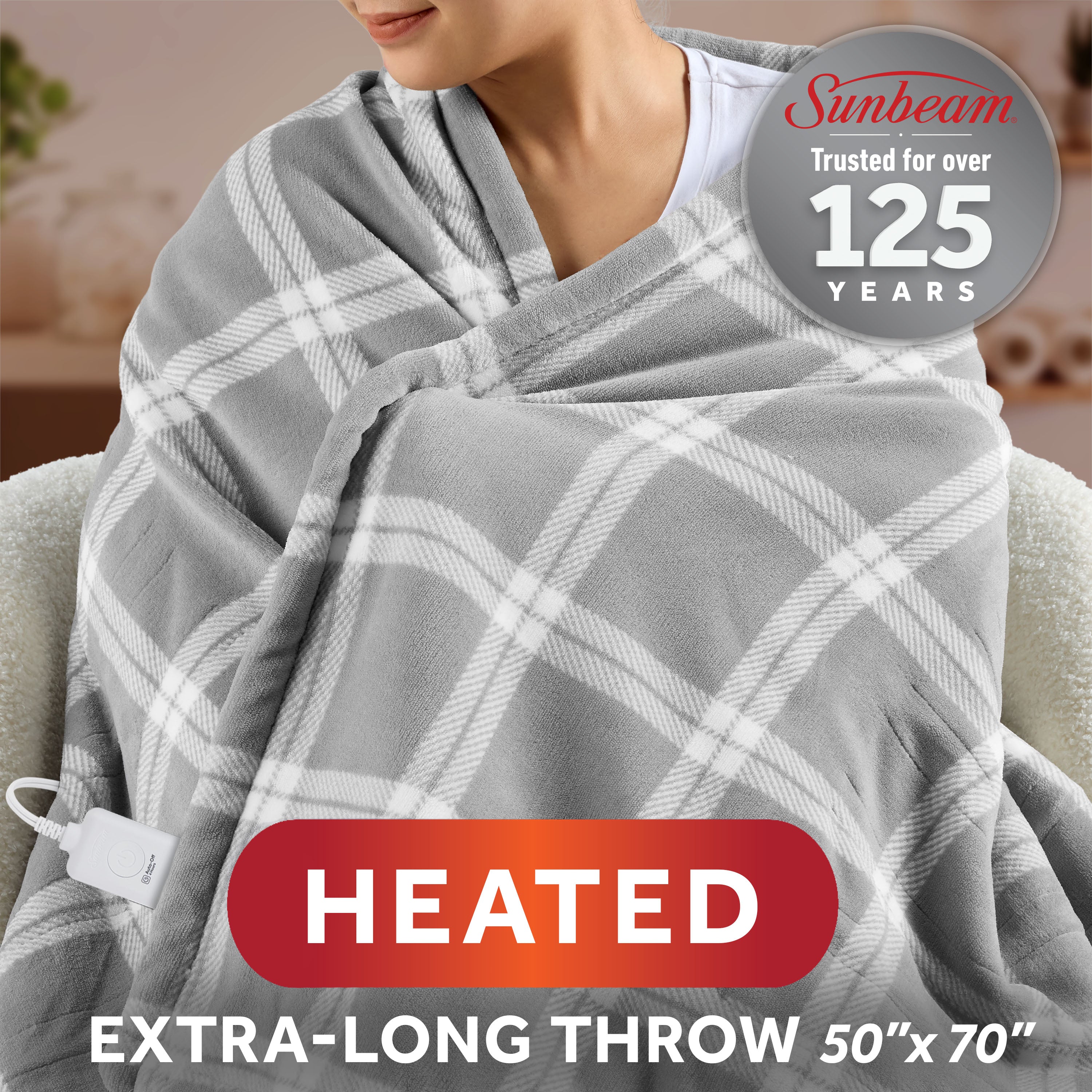 Sunbeam Heated Tartan Gray Throw Blanket Microplush Faux Shearling 4 Heat 50x70