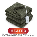 Sunbeam Heated Khaki Green Throw Blanket Faux Shearling Foot Pocket 4 Heat 50x70