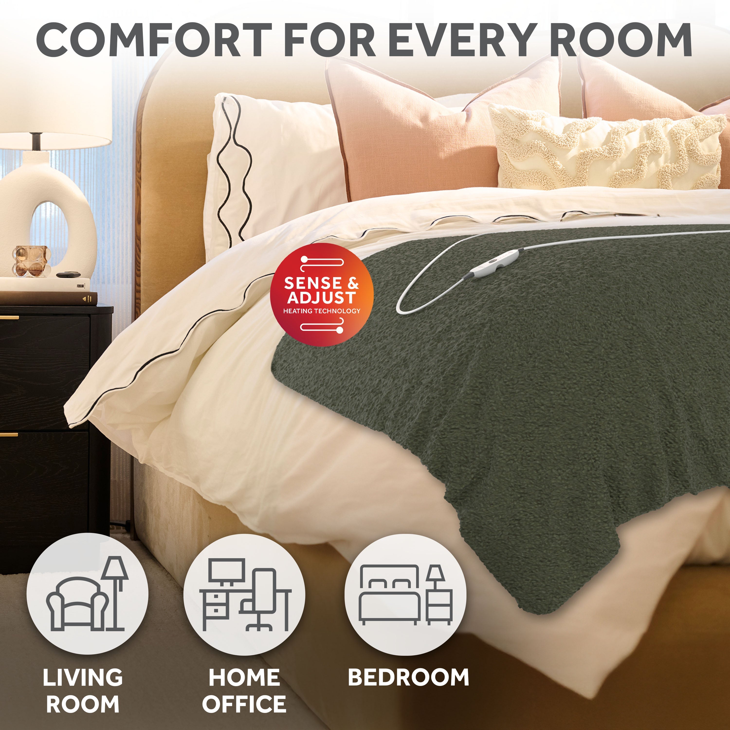 Sunbeam Heated Khaki Green Throw Blanket Faux Shearling Foot Pocket 4 Heat 50x70