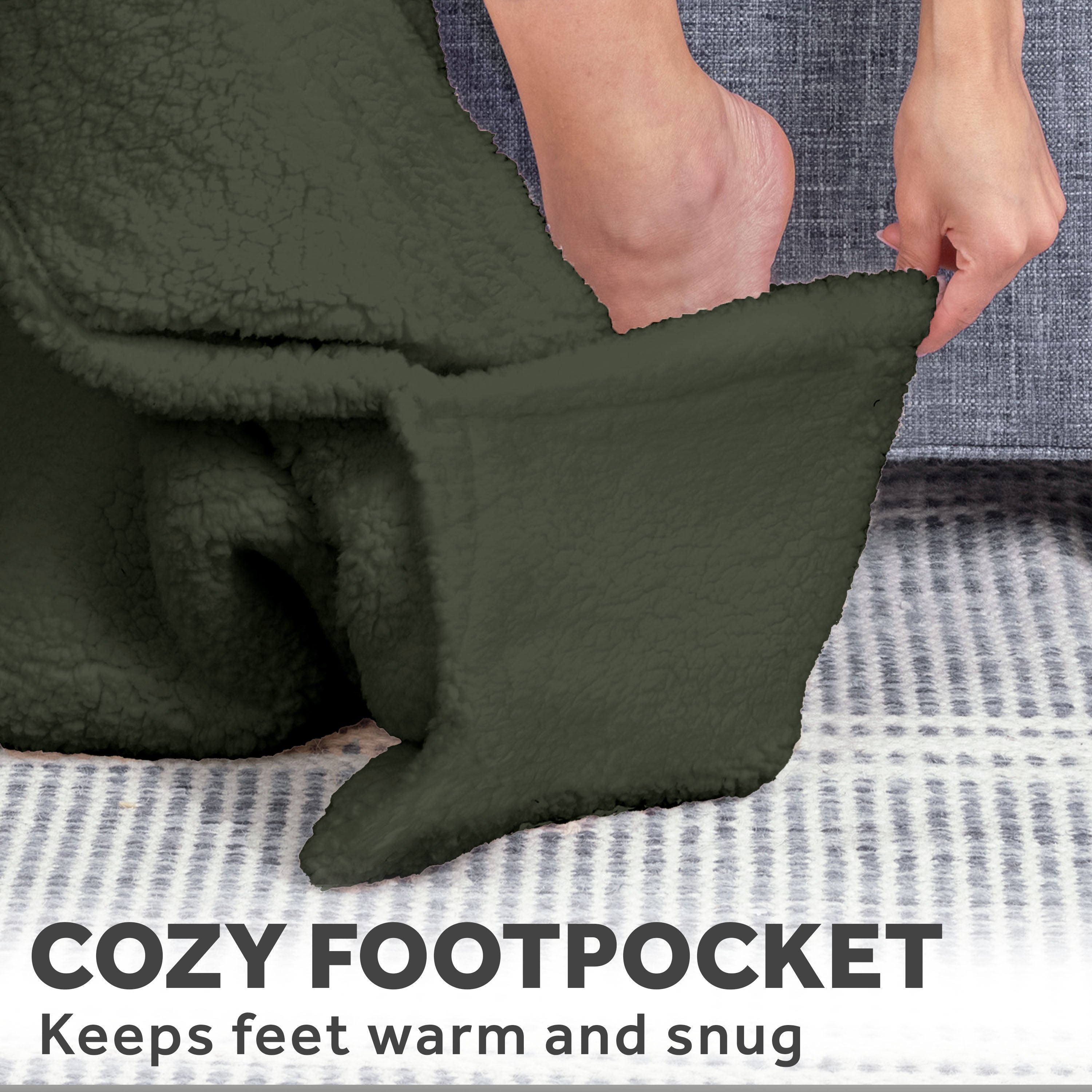 Sunbeam Heated Khaki Green Throw Blanket Faux Shearling Foot Pocket 4 Heat 50x70