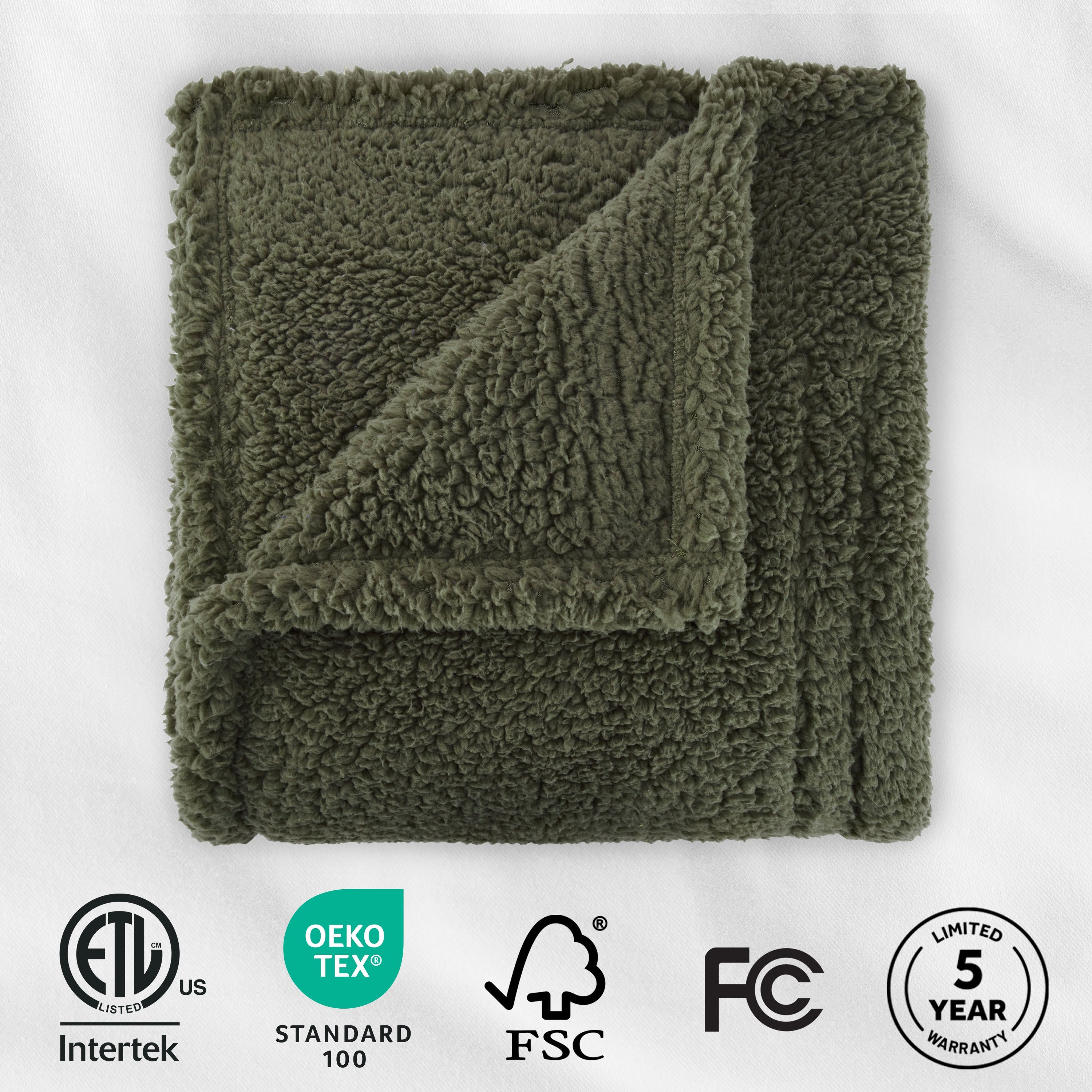 Sunbeam Heated Khaki Green Throw Blanket Faux Shearling Foot Pocket 4 Heat 50x70