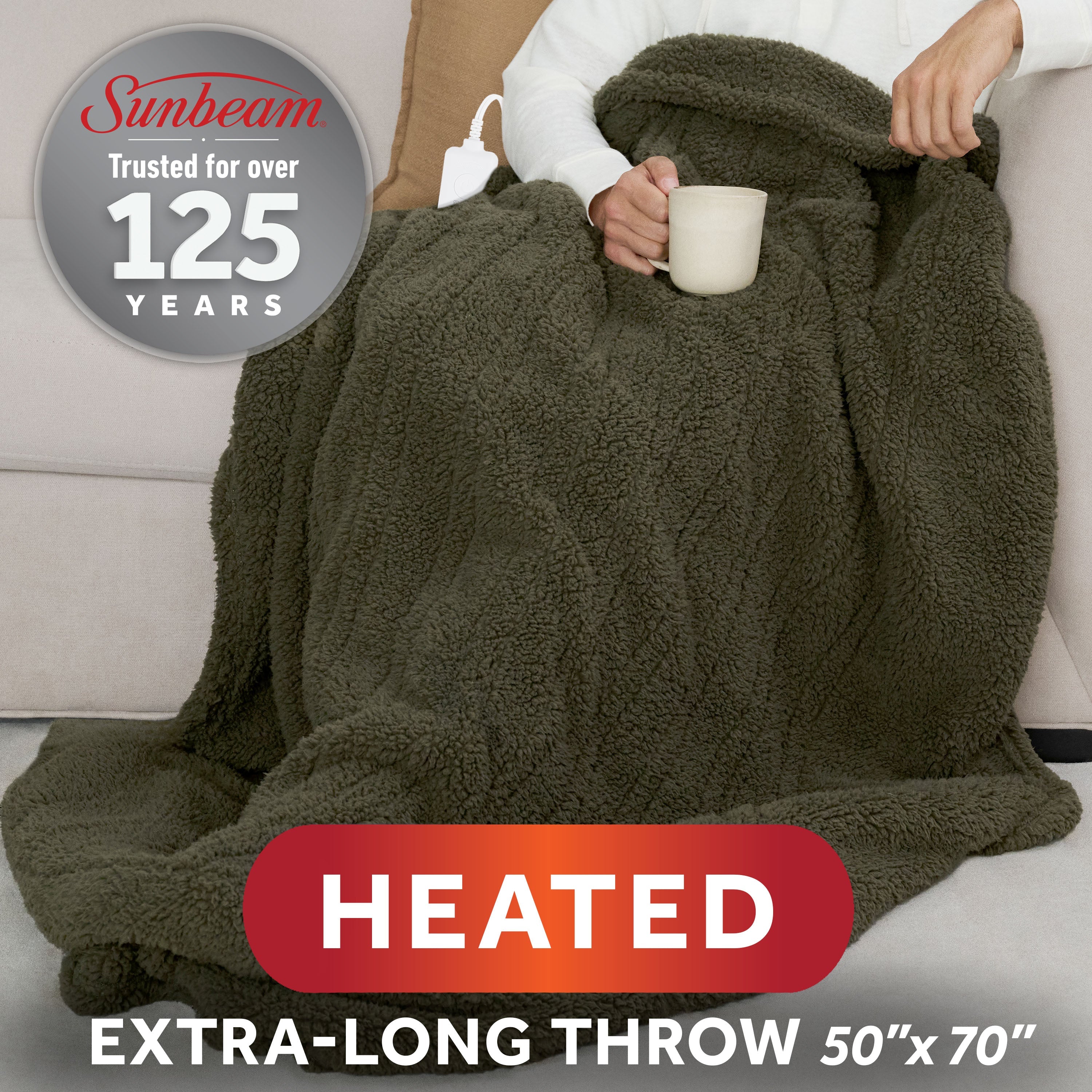 Sunbeam Heated Khaki Green Throw Blanket Faux Shearling Foot Pocket 4 Heat 50x70