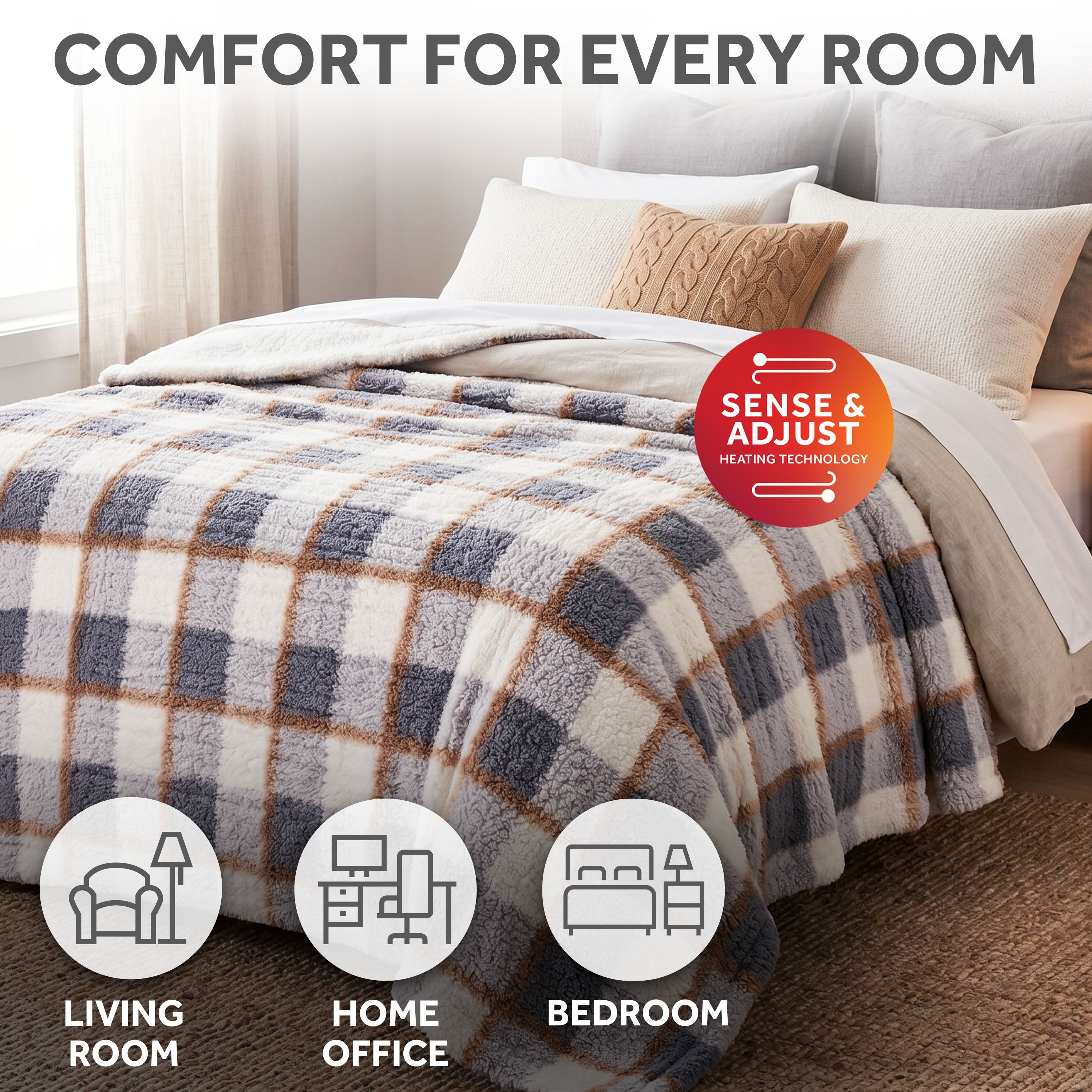 Sunbeam Heated Gray Plaid Throw Blanket Faux Shearling Foot Pocket 4 Heat 50x70
