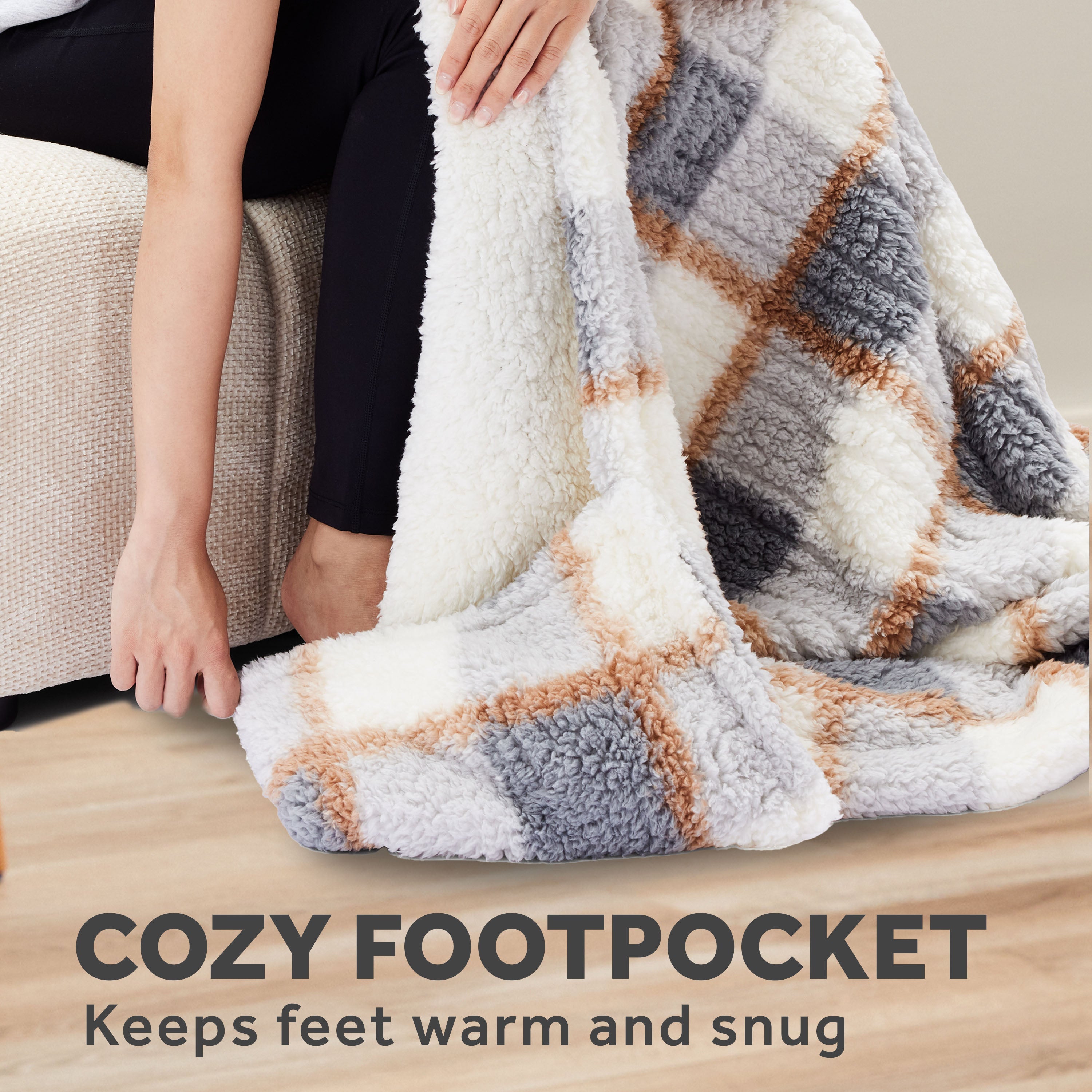 Sunbeam Heated Gray Plaid Throw Blanket Faux Shearling Foot Pocket 4 Heat 50x70