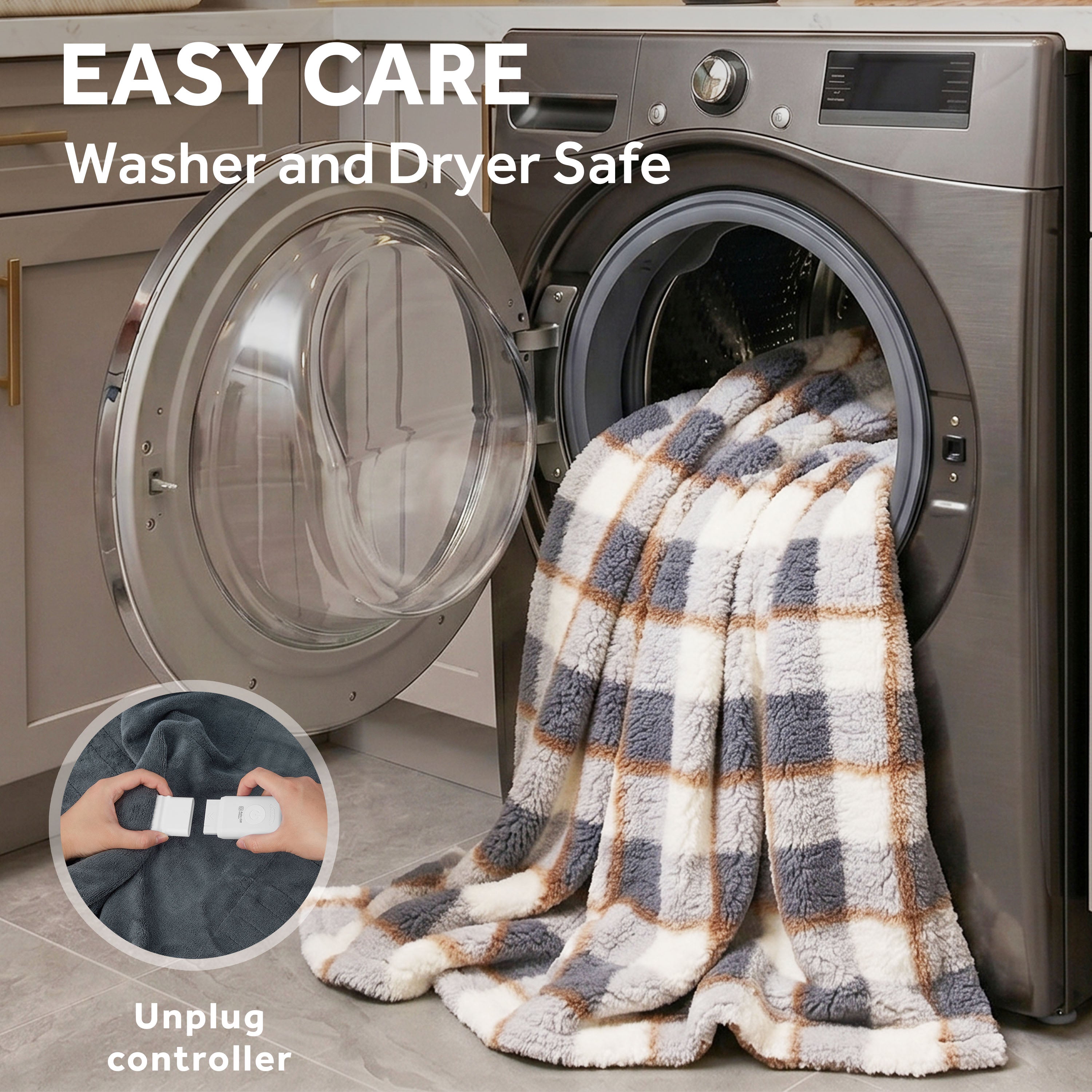 Sunbeam Heated Gray Plaid Throw Blanket Faux Shearling Foot Pocket 4 Heat 50x70