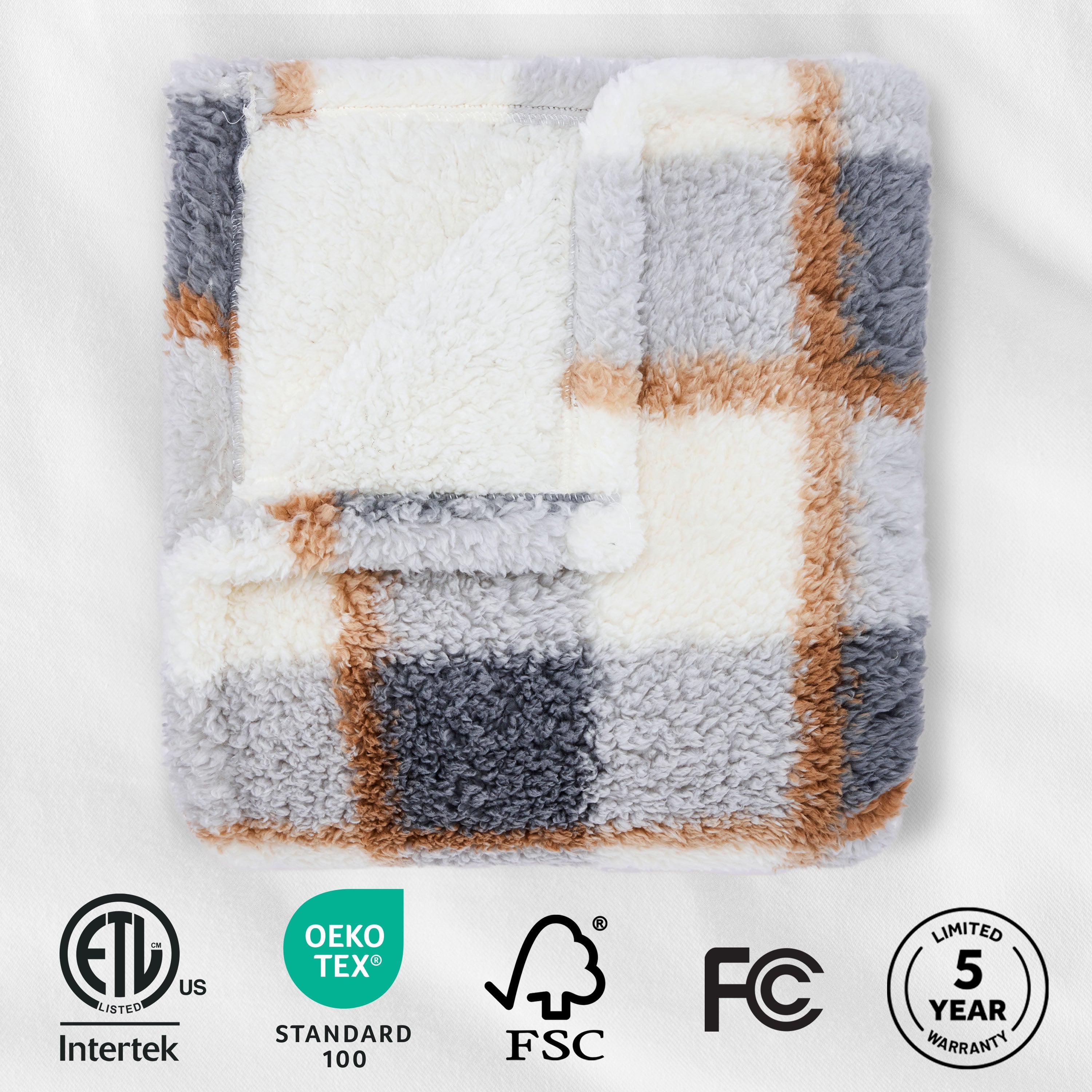 Sunbeam Heated Gray Plaid Throw Blanket Faux Shearling Foot Pocket 4 Heat 50x70