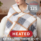 Sunbeam Heated Gray Plaid Throw Blanket Faux Shearling Foot Pocket 4 Heat 50x70