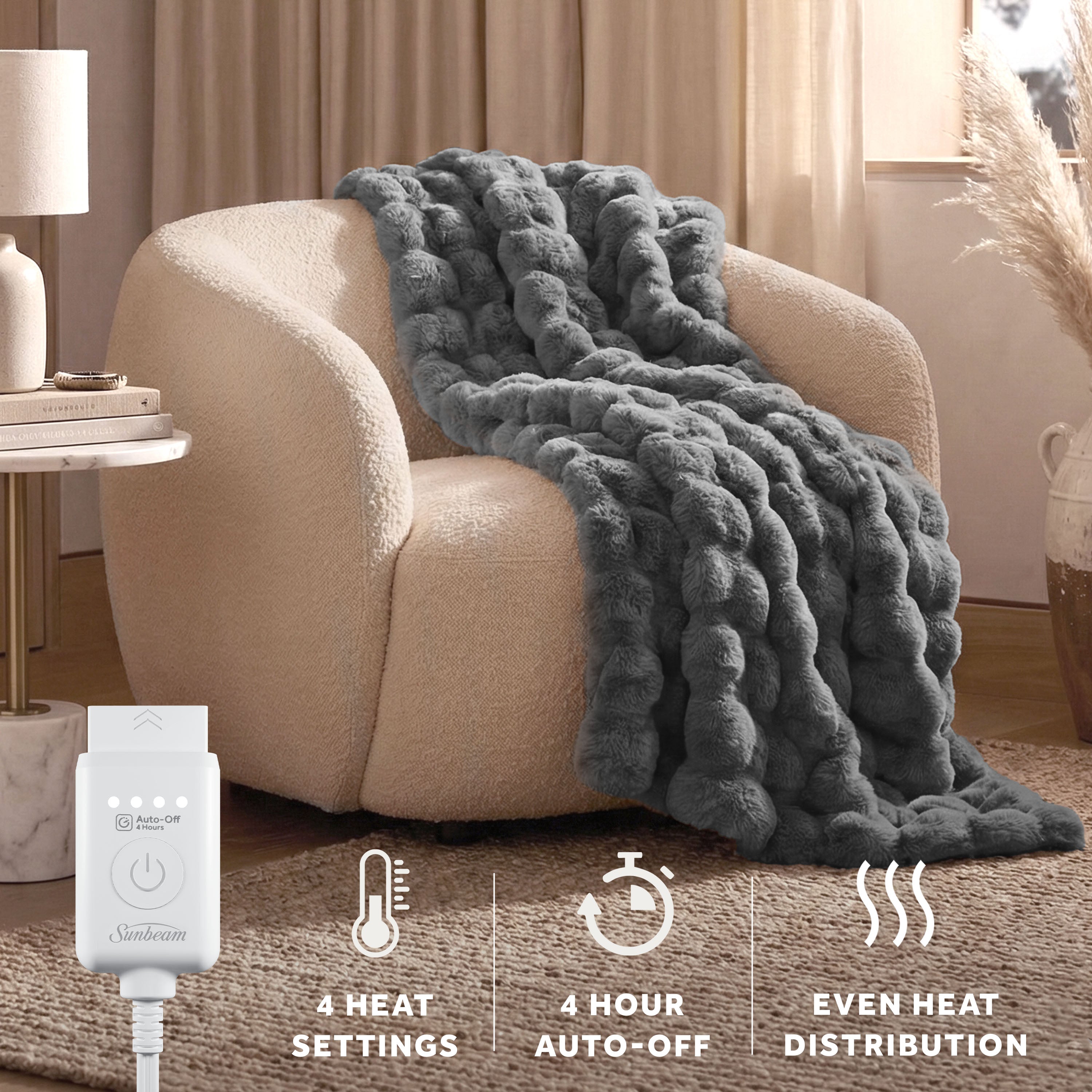 Sunbeam Heated Slate Gray Throw Blanket Bubble Faux Fur 4 Heat Settings 50x60