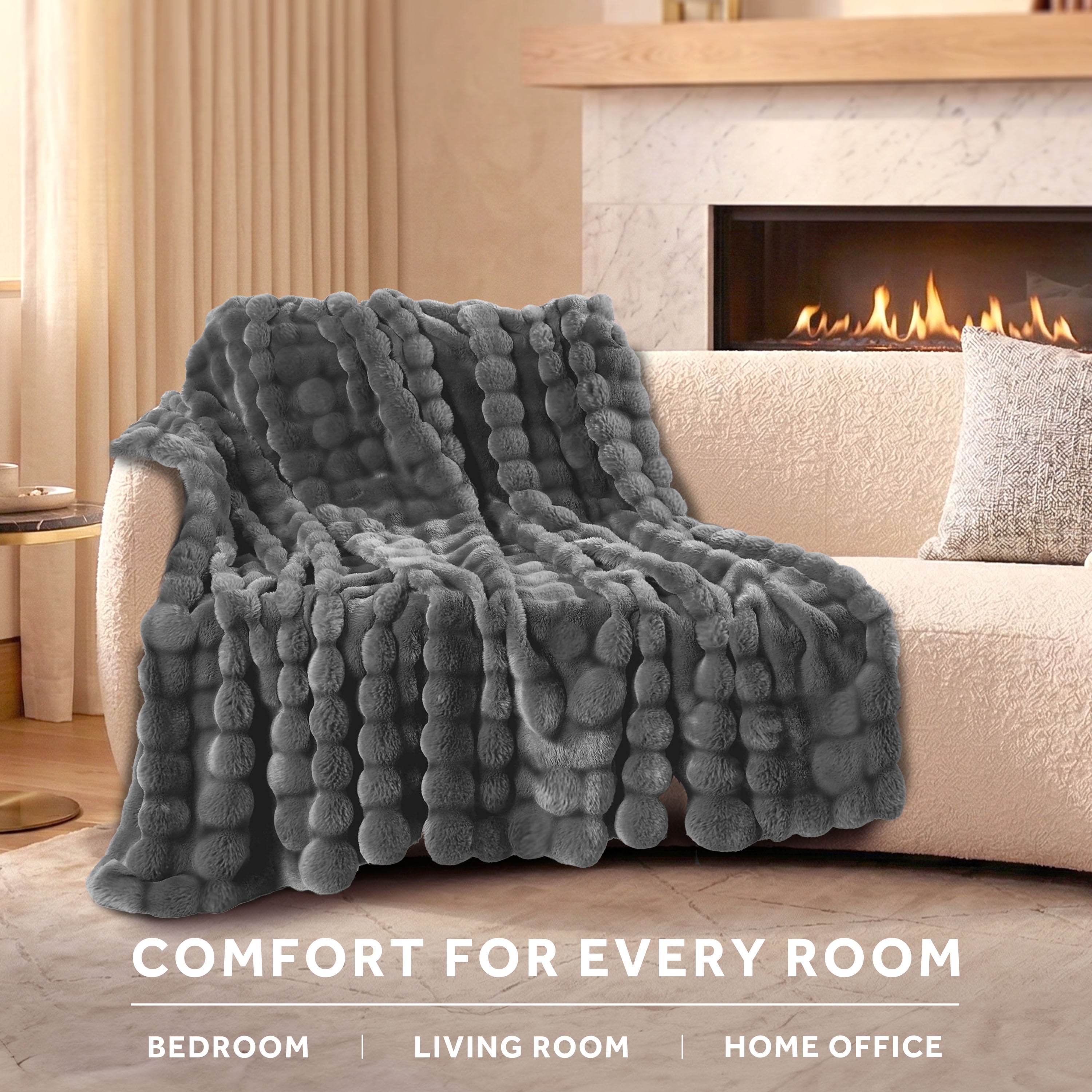 Sunbeam Heated Slate Gray Throw Blanket Bubble Faux Fur 4 Heat Settings 50x60