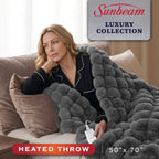 Sunbeam Heated Slate Gray Throw Blanket Bubble Faux Fur 4 Heat Settings 50x60