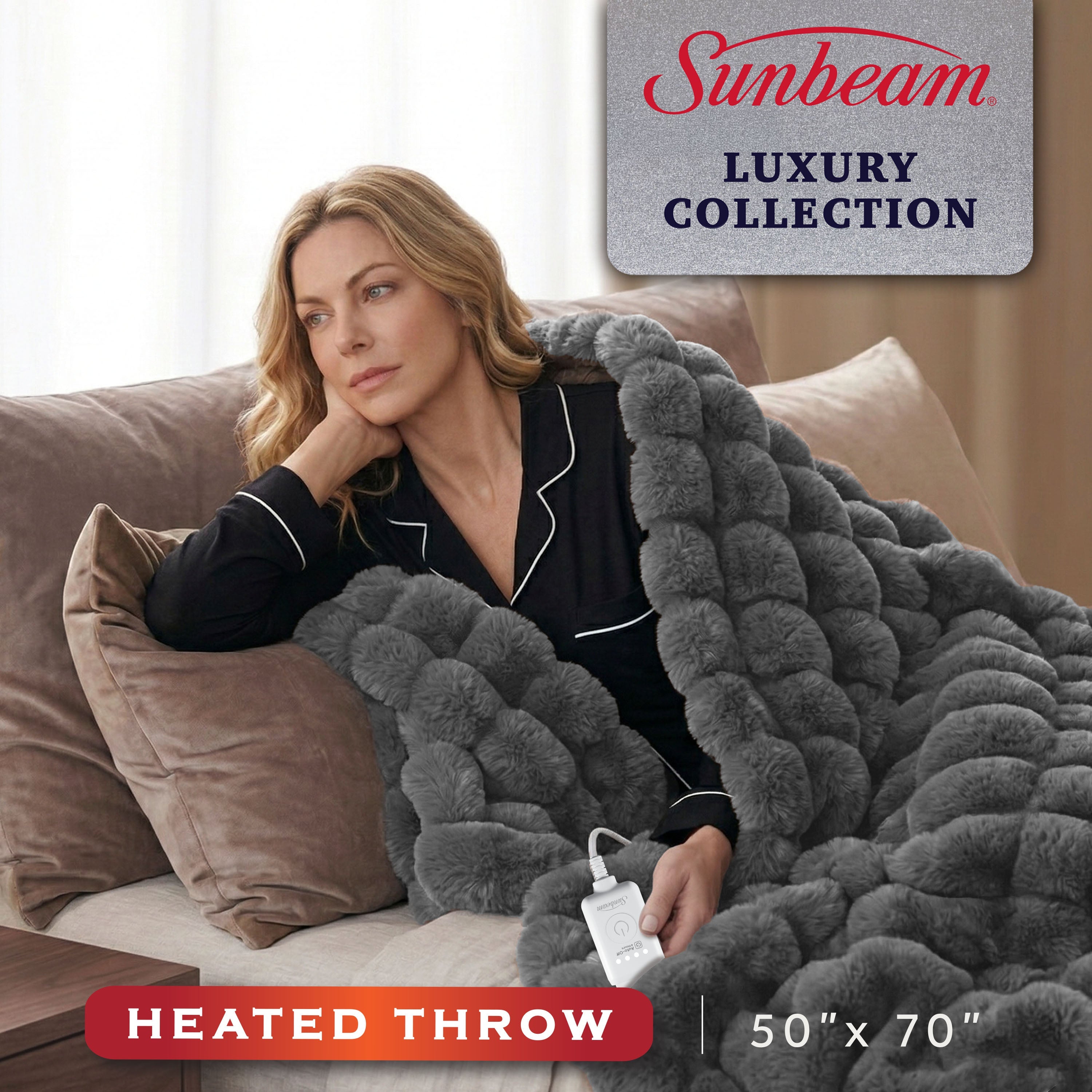 Sunbeam Heated Slate Gray Throw Blanket Bubble Faux Fur 4 Heat Settings 50x60