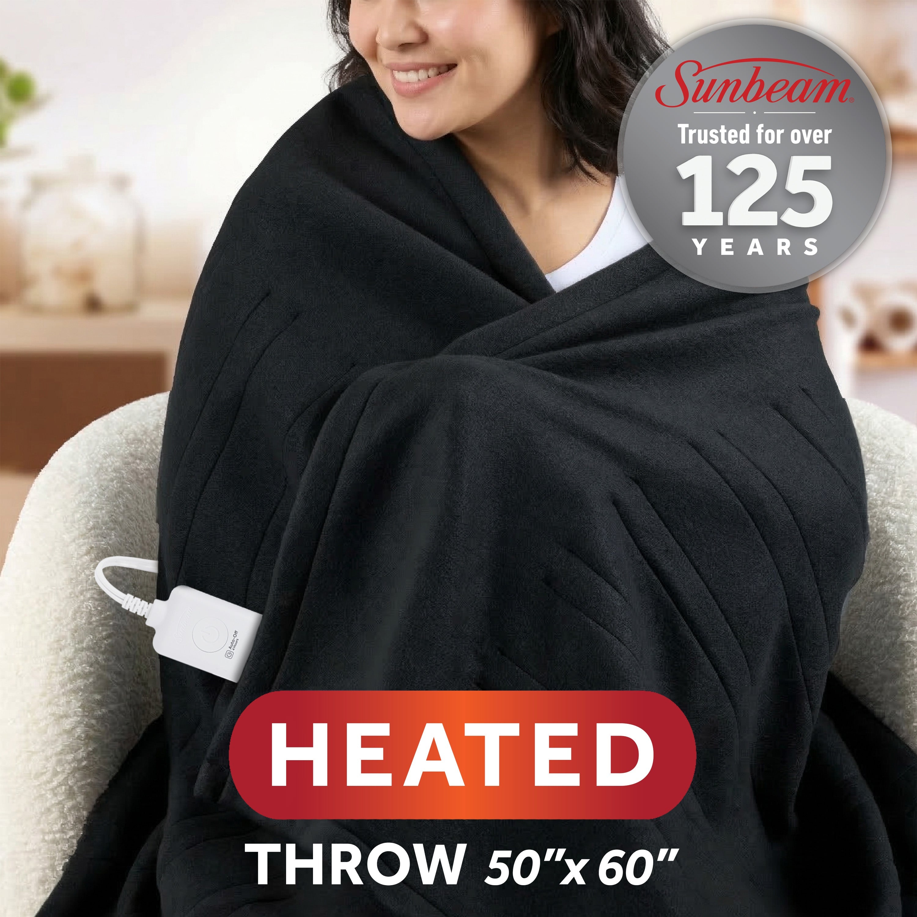 Sunbeam Heated Black Throw Blanket Brushed Fleece 4 Heat Settings 50x60