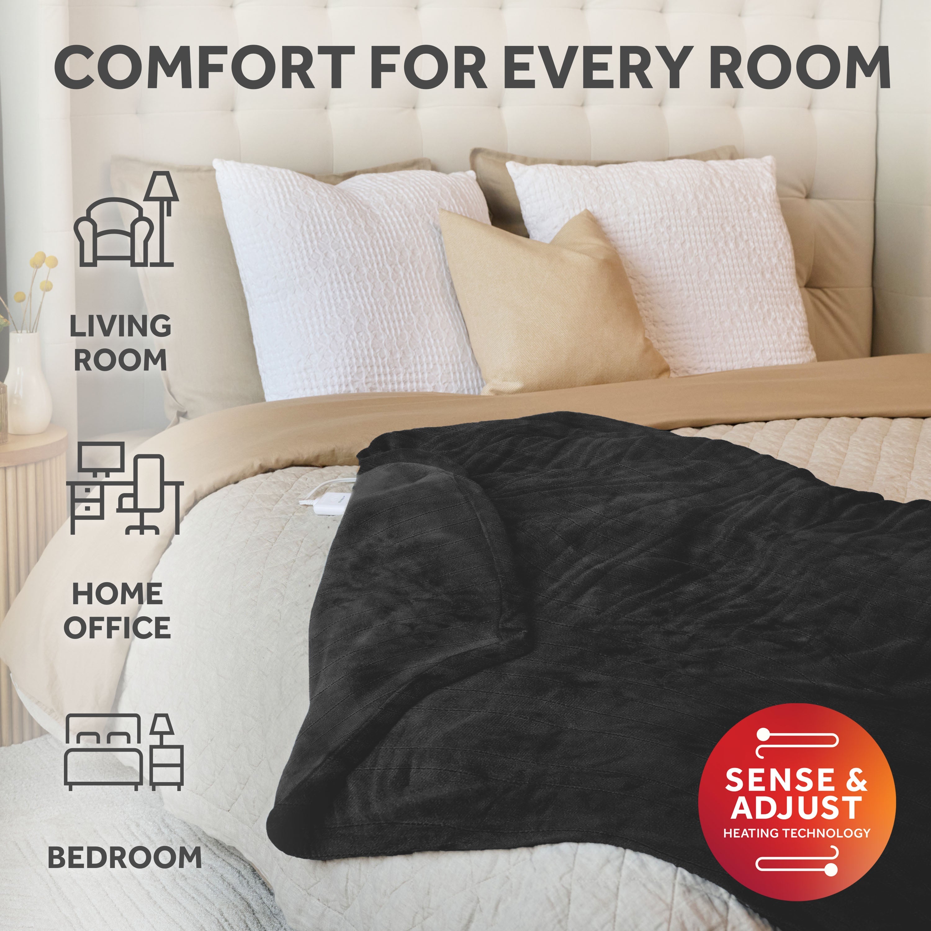 Sunbeam Heated Black Throw Blanket Brushed Fleece 4 Heat Settings 50x60