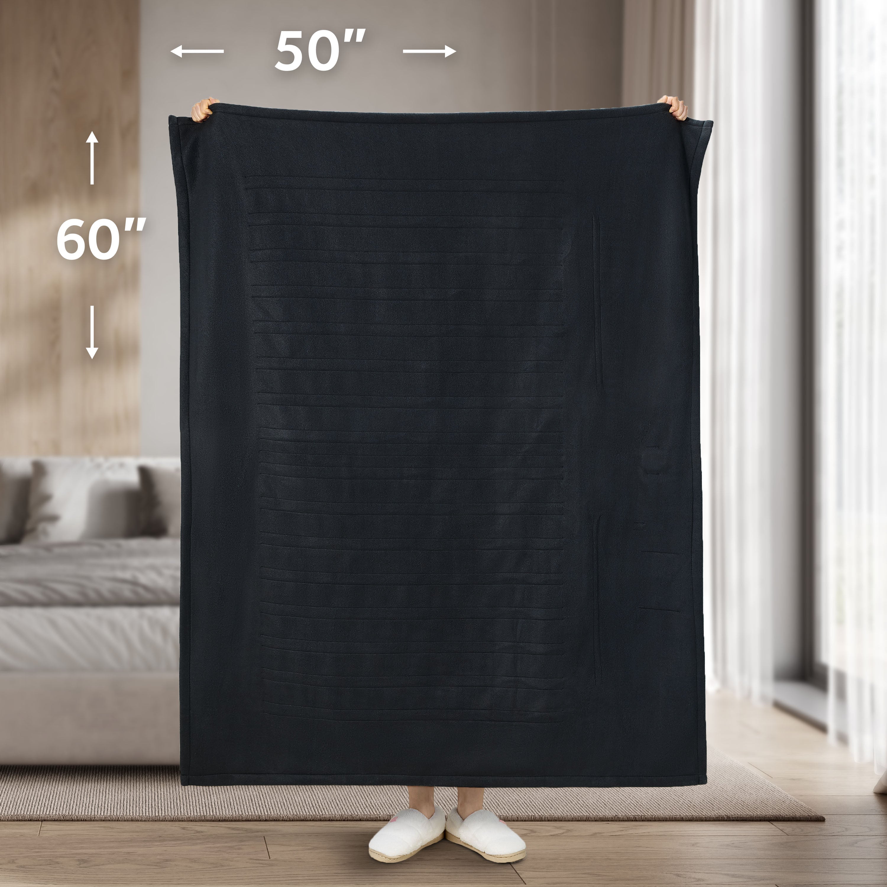 Sunbeam Heated Black Throw Blanket Brushed Fleece 4 Heat Settings 50x60