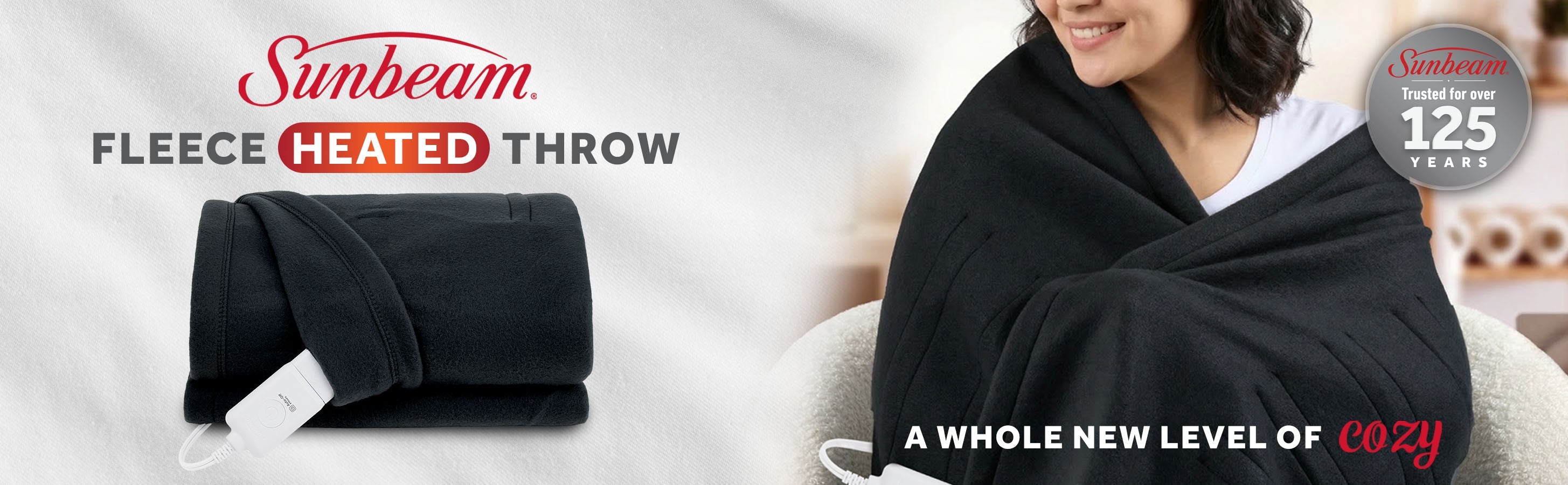 Sunbeam Heated Black Throw Blanket Brushed Fleece 4 Heat Settings 50x60