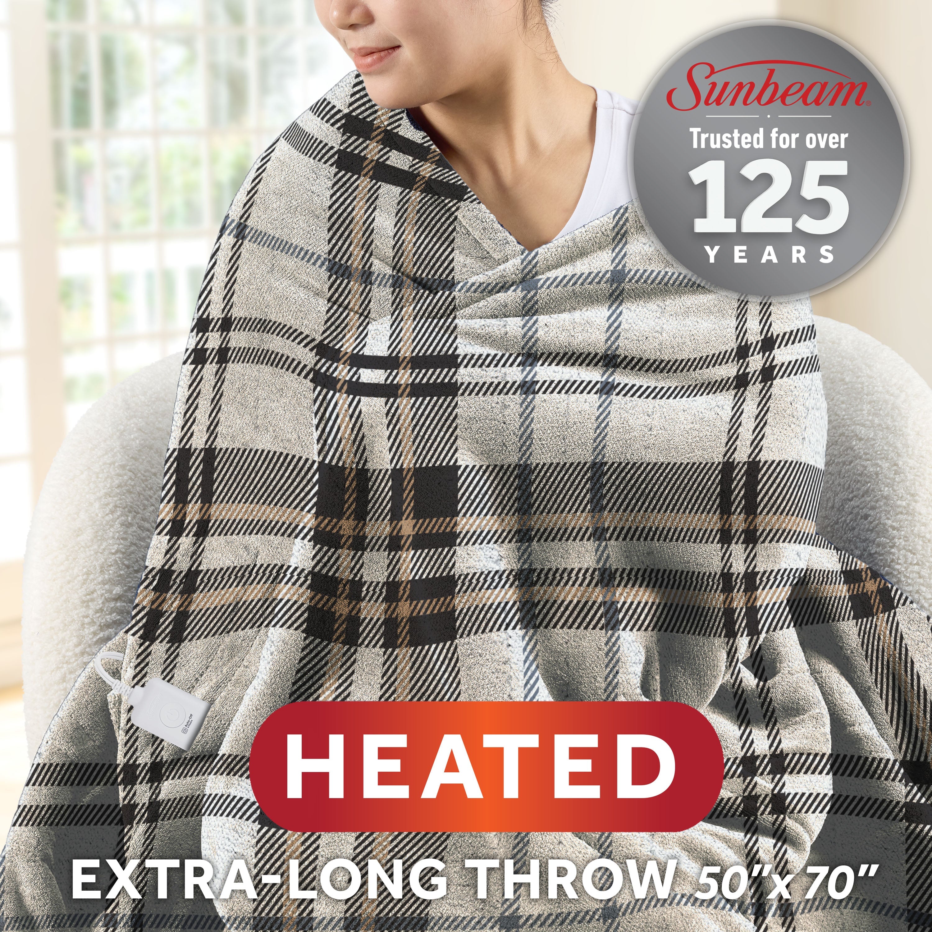 Sunbeam Heated Black White Vintage Plaid Throw Blanket Microplush 4 Heat Settings 50x70