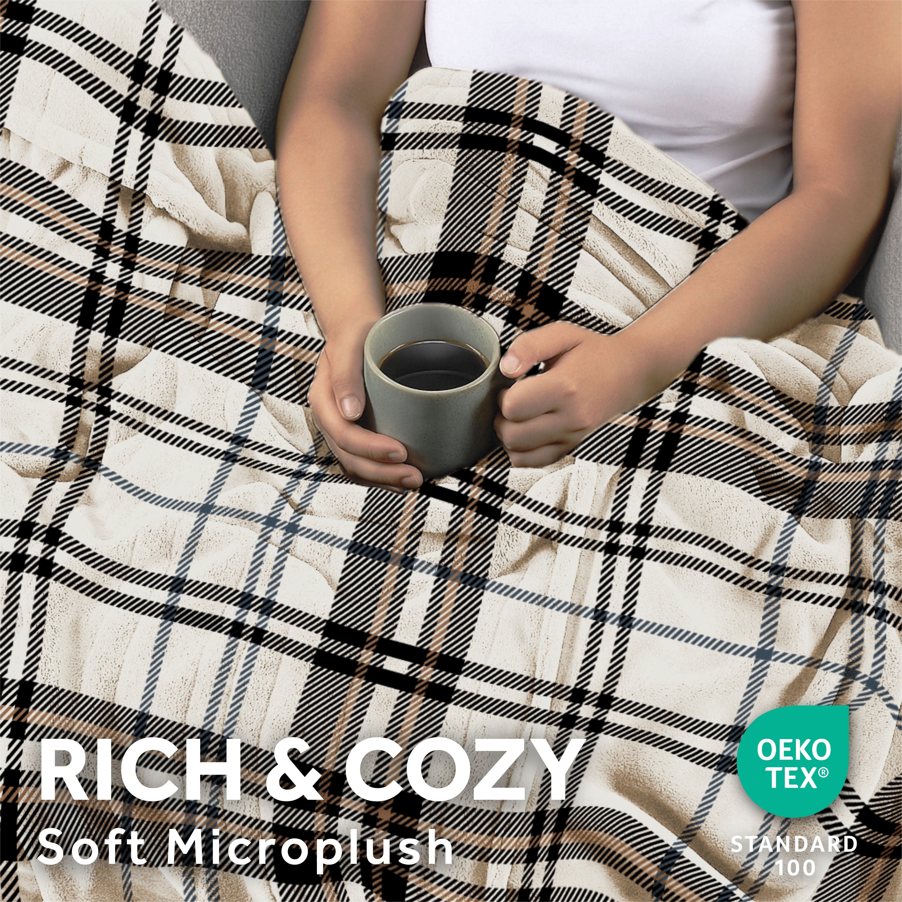 Sunbeam Heated Black White Vintage Plaid Throw Blanket Microplush 4 Heat Settings 50x70