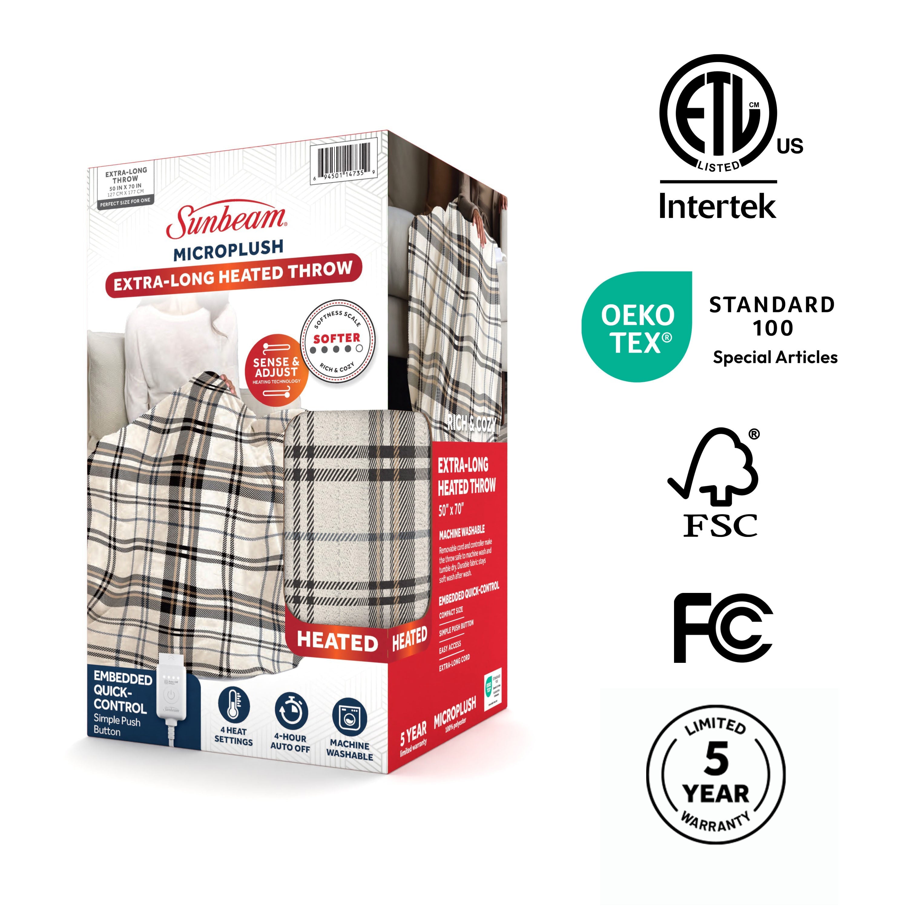 Sunbeam Heated Black White Vintage Plaid Throw Blanket Microplush 4 Heat Settings 50x70