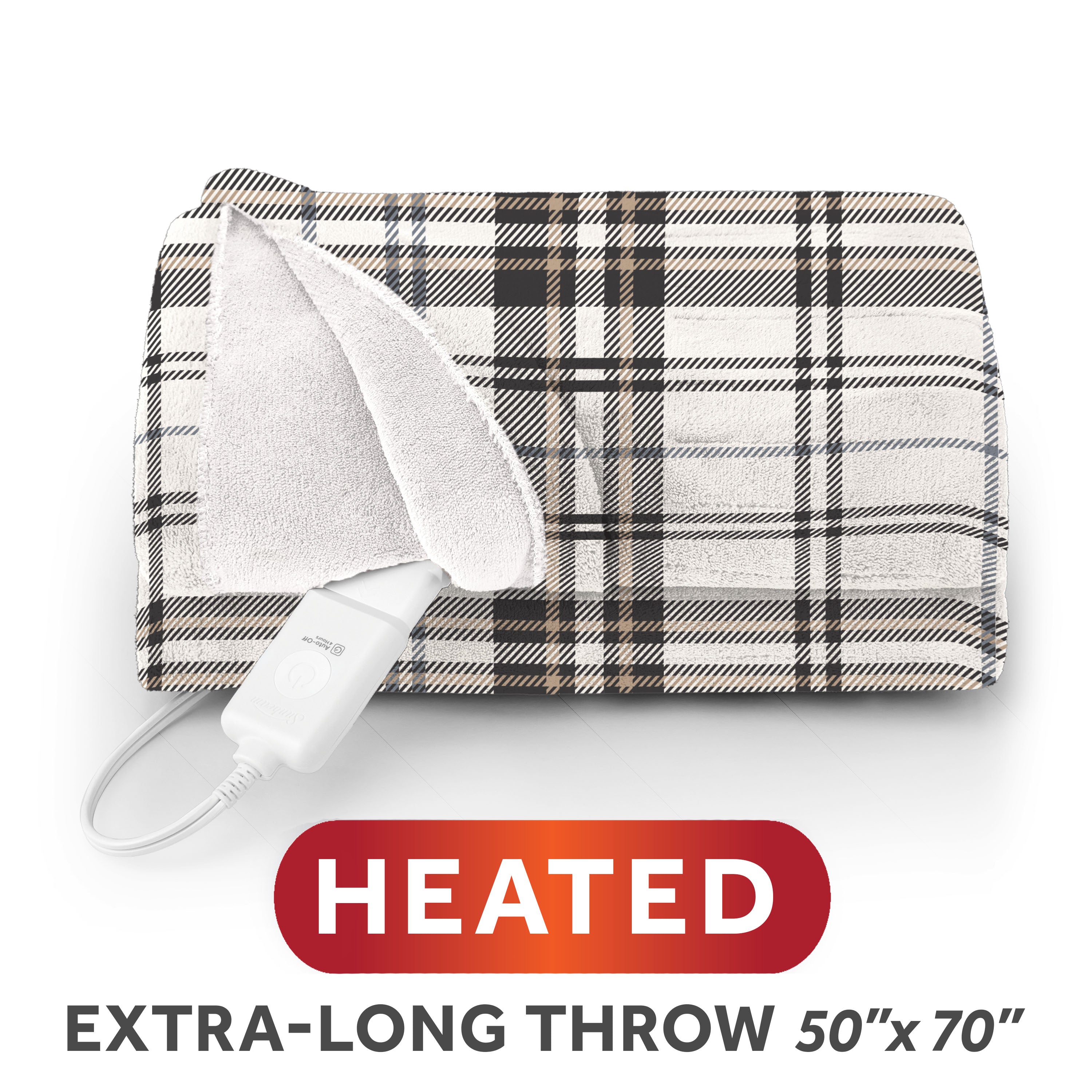 Sunbeam Heated Black White Vintage Plaid Throw Blanket Microplush 4 Heat Settings 50x70