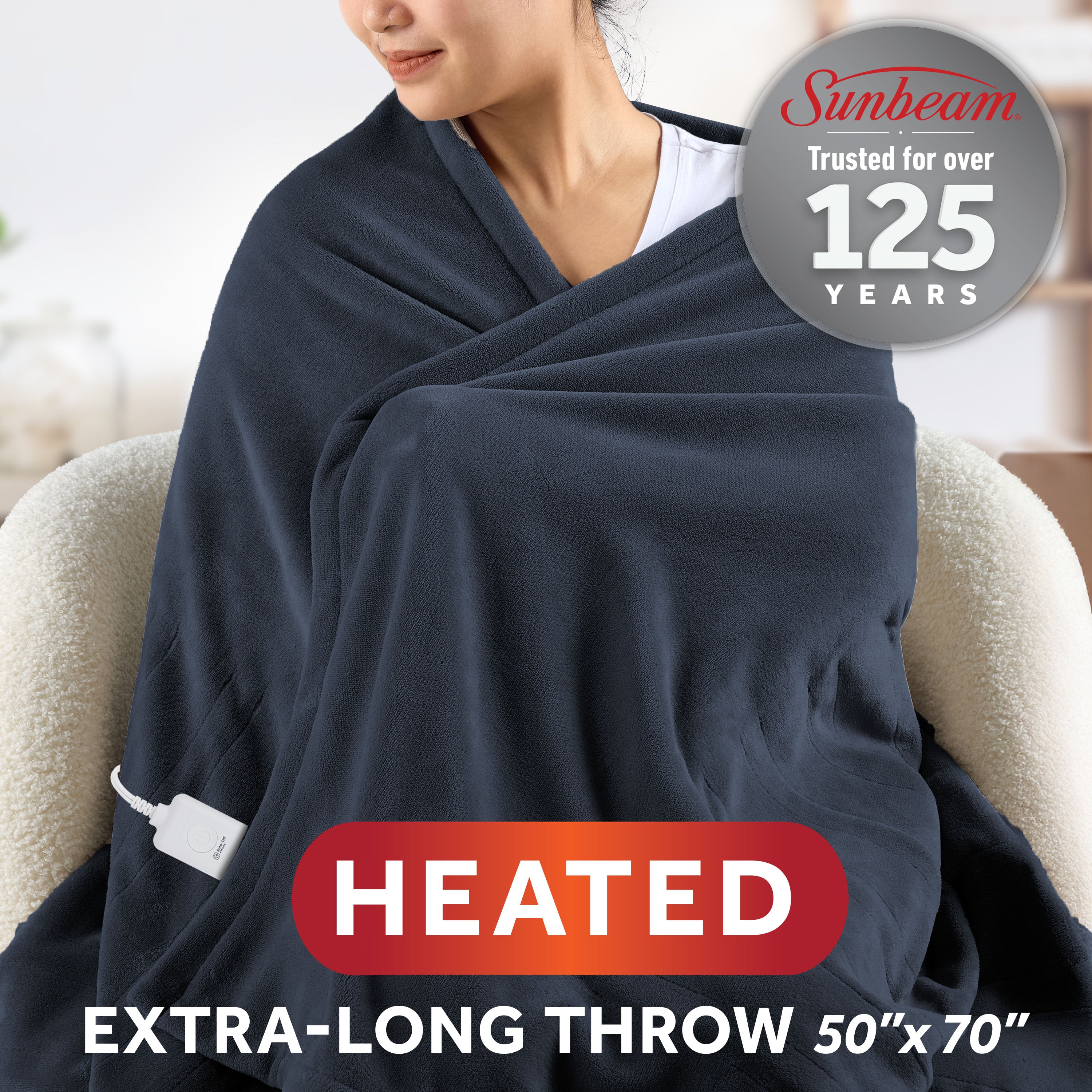 Sunbeam Heated Big Blue Throw Blanket Microplush 4 Heat Settings 50x70