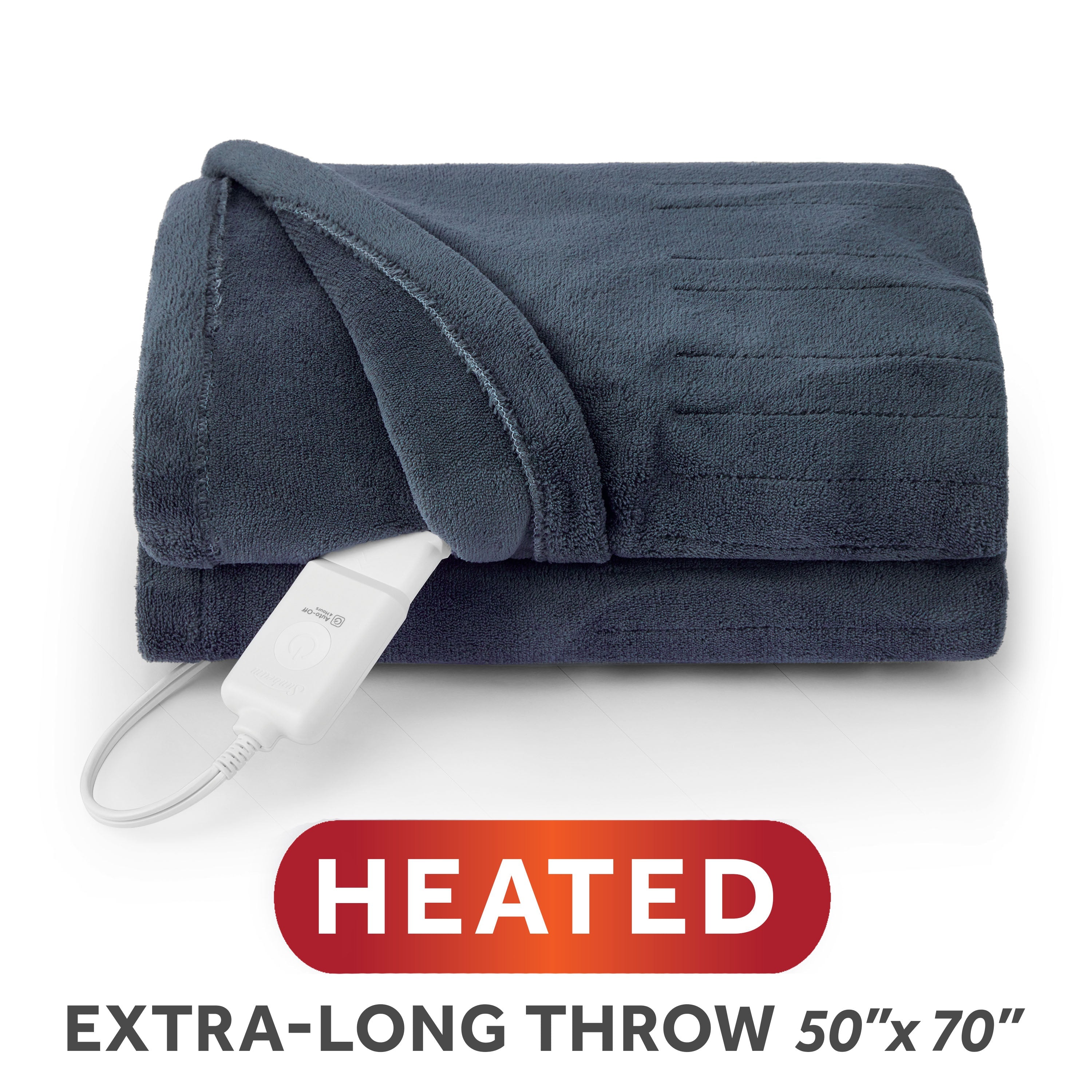Sunbeam Heated Big Blue Throw Blanket Microplush 4 Heat Settings 50x70
